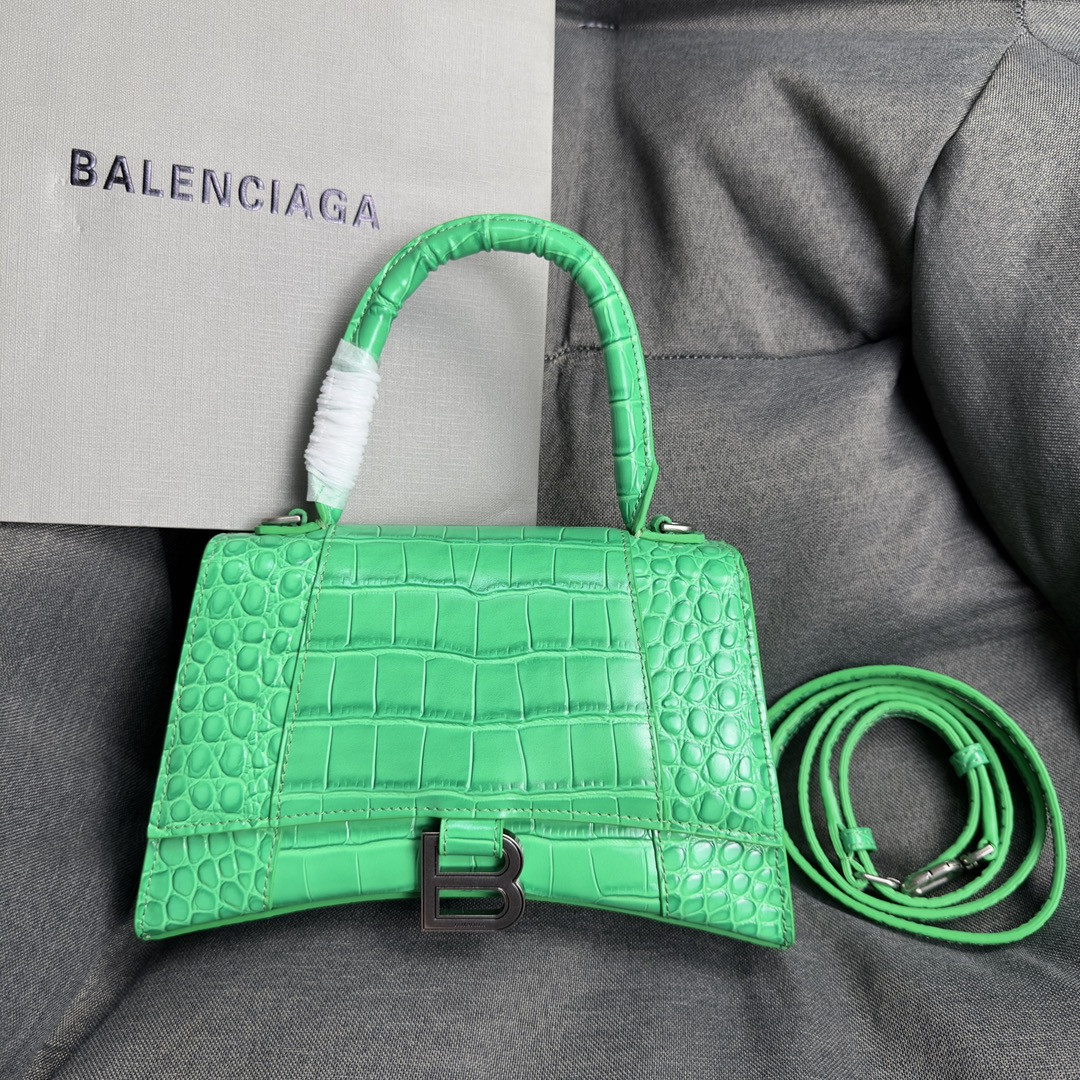 BALENCIAGA WOMEN'S HOURGLASS SMALL HANDBAG CROCODILE EMBOSSED IN GREEN L9 x H5.5 x W3.9 inch