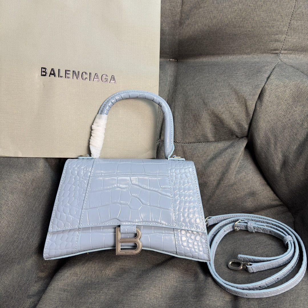 BALENCIAGA WOMEN'S HOURGLASS SMALL HANDBAG CROCODILE EMBOSSED IN LIGHT BLUE L9 x H5.5 x W3.9 inch
