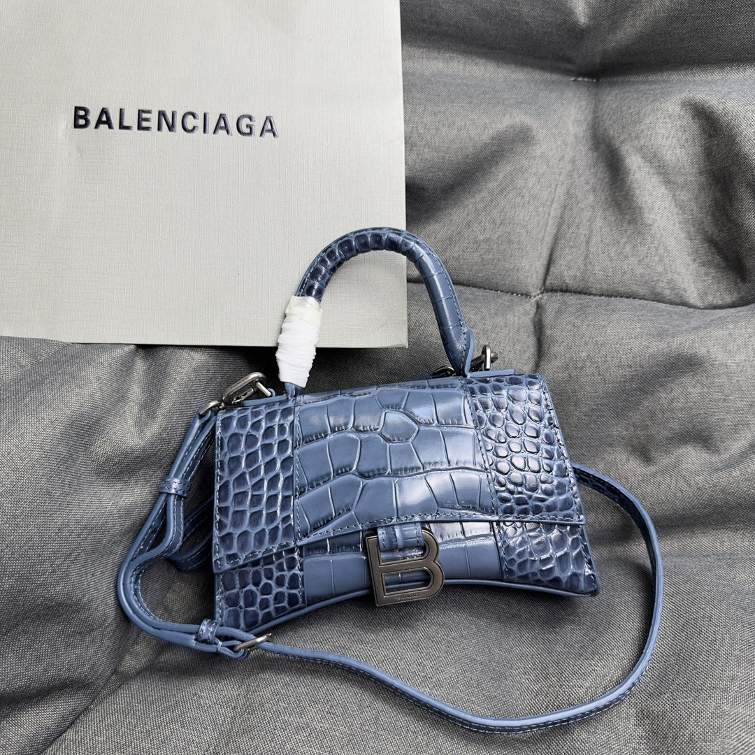 Balenciaga WOMEN'S HOURGLASS MINI HANDBAG CROCODILE EMBOSSED IN BLUE L7.4 x H5.1 x W3.1 inch