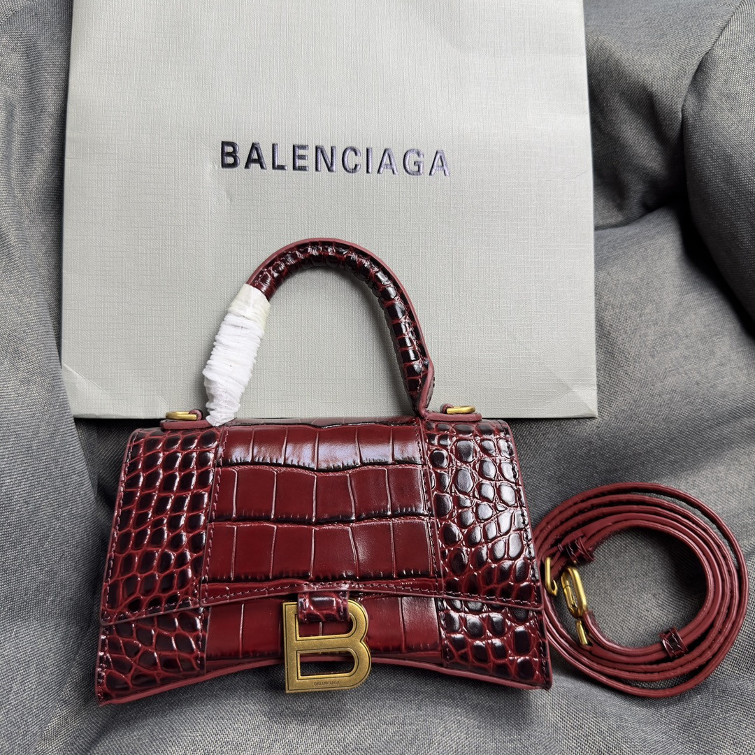 Balenciaga WOMEN'S HOURGLASS MINI HANDBAG CROCODILE EMBOSSED IN CLARET L7.4 x H5.1 x W3.1 inch