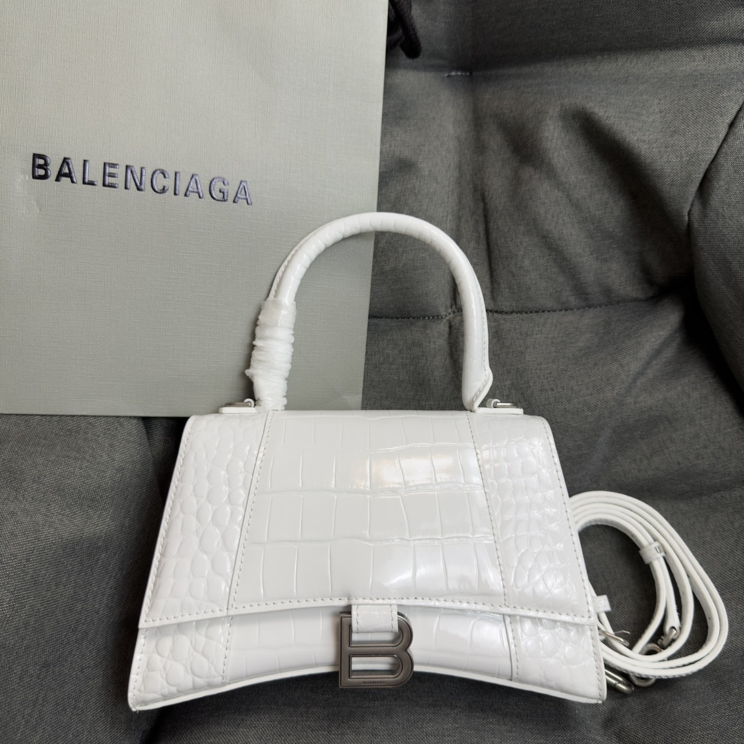 BALENCIAGA WOMEN'S HOURGLASS SMALL HANDBAG CROCODILE EMBOSSED IN WHITE L9 x H5.5 x W3.9 inch