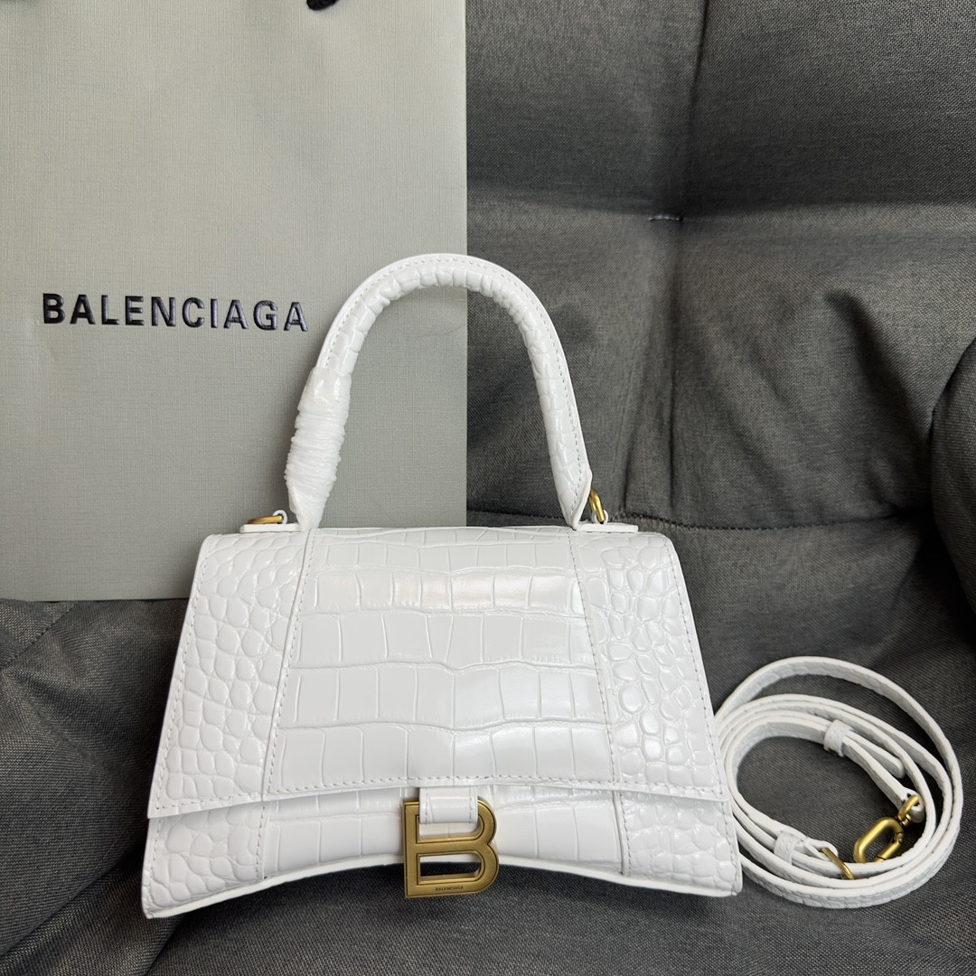 BALENCIAGA WOMEN'S HOURGLASS SMALL HANDBAG CROCODILE EMBOSSED IN WHITE WITH GOLD HARDWARE L9 x H5.5 x W3.9 inch