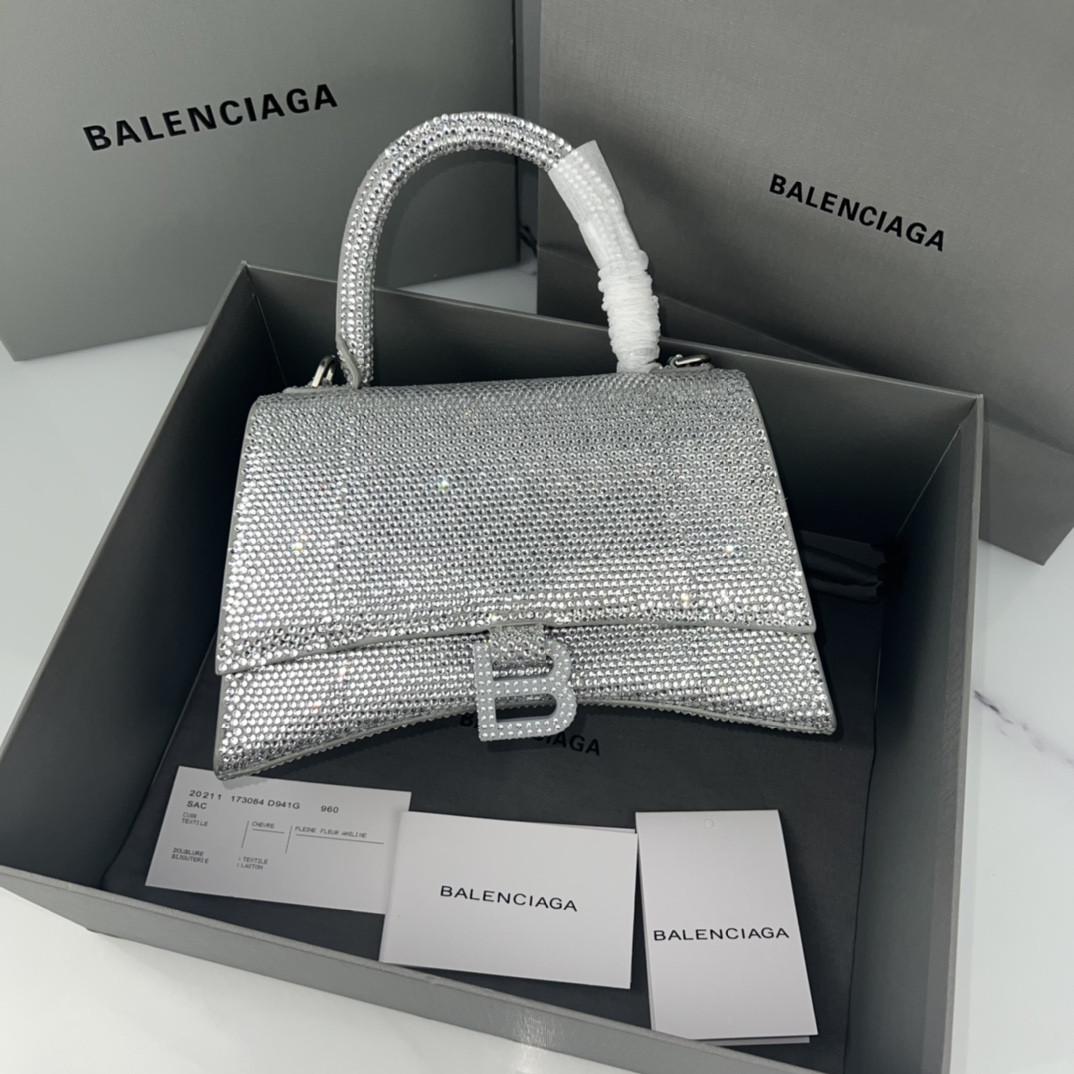 BALENCIAGA WOMEN'S HOURGLASS SMALL HANDBAG WITH RHINESTONES SILVER L9 x H5.5 x W3.9 inch