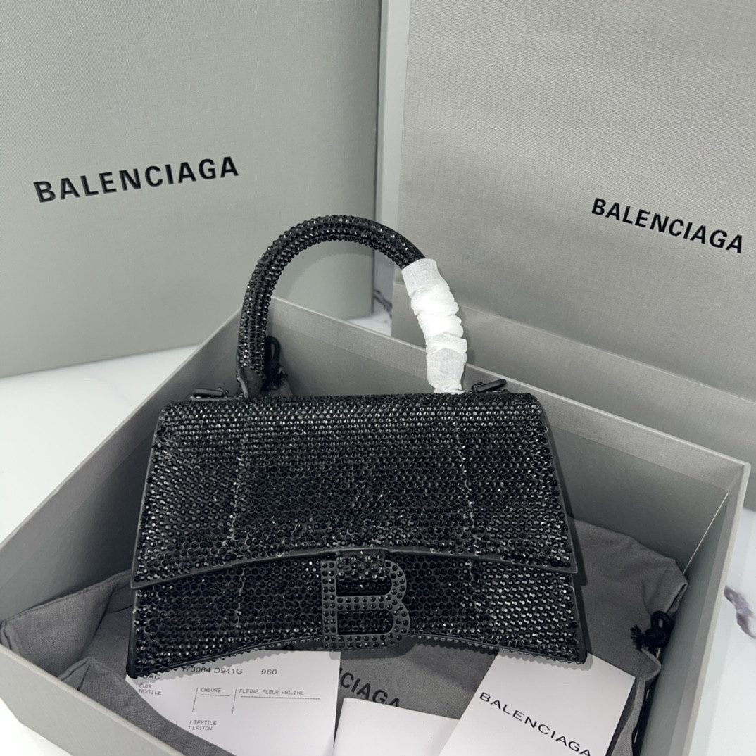 Balenciaga WOMEN'S HOURGLASS MINI HANDBAG With Rhinestones Black L7.4 x H5.1 x W3.1 inch
