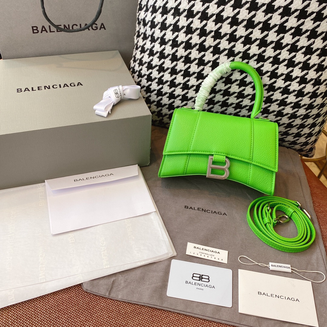 Balenciaga WOMEN'S HOURGLASS SMALL HANDBAG GRAINED LEATHER IN GREEN L9 x H5,5 x W3,9 inch