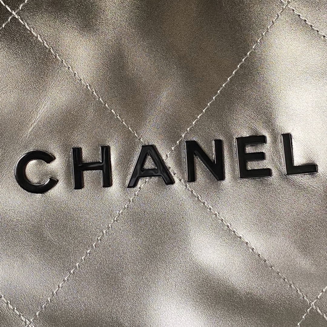 CHANEL 22 HANDBAG Shiny Calfskin SILVER 15.2×16.4×3.1 in
