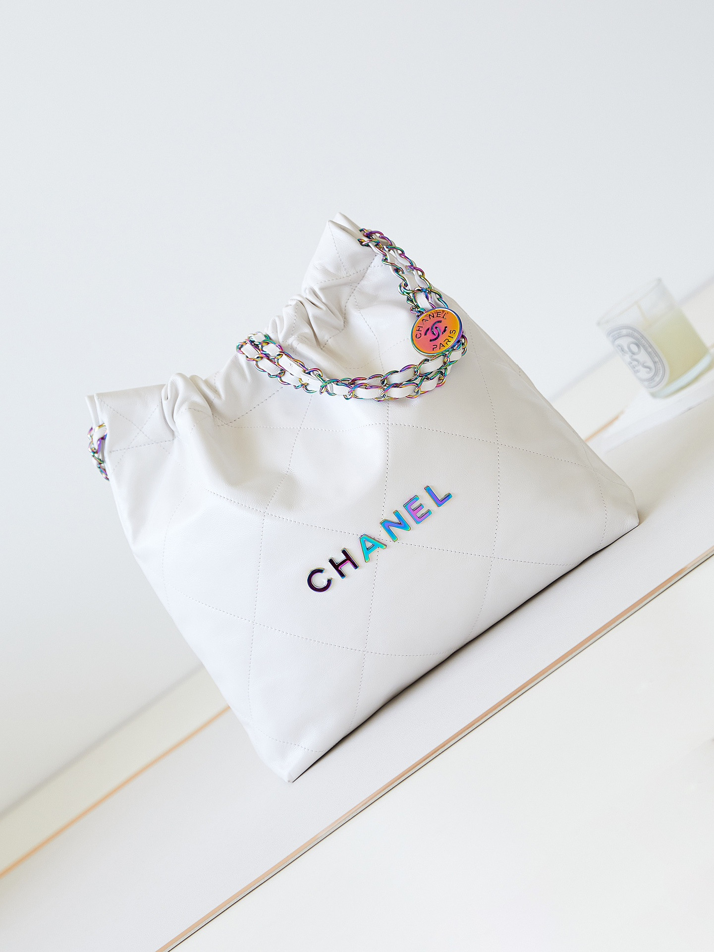 CHANEL 22 SMALL HANDBAG Shiny Calfskin & Rainbow Metal White 13.7×14.4×2.7 in