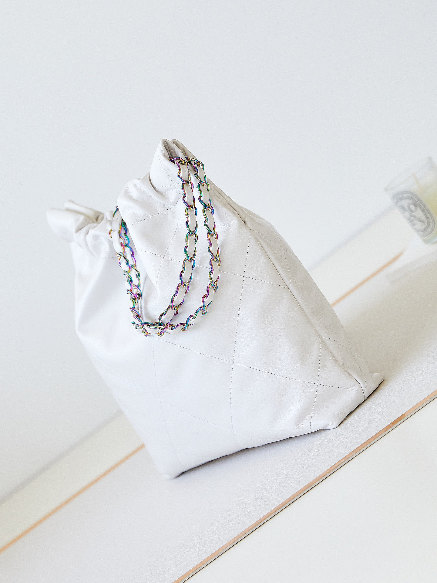 CHANEL 22 SMALL HANDBAG Shiny Calfskin & Rainbow Metal White 13.7×14.4×2.7 in