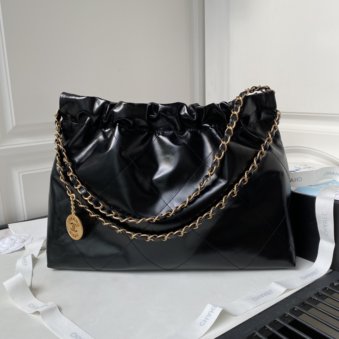 CHANEL 22 HANDBAG Shiny Calfskin BLACK 30×45×8cm