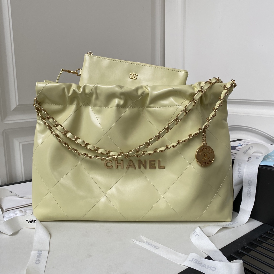 CHANEL 22 HANDBAG Shiny Calfskin YELLOW 30×45×8cm