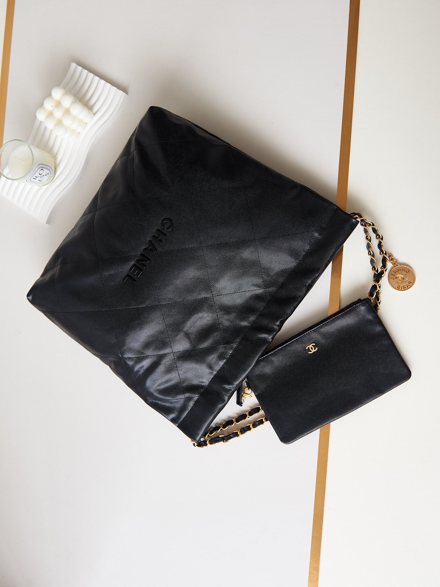 CHANEL 22 HANDBAG Shiny Calfskin Black 15.2×16.4×3.1 in