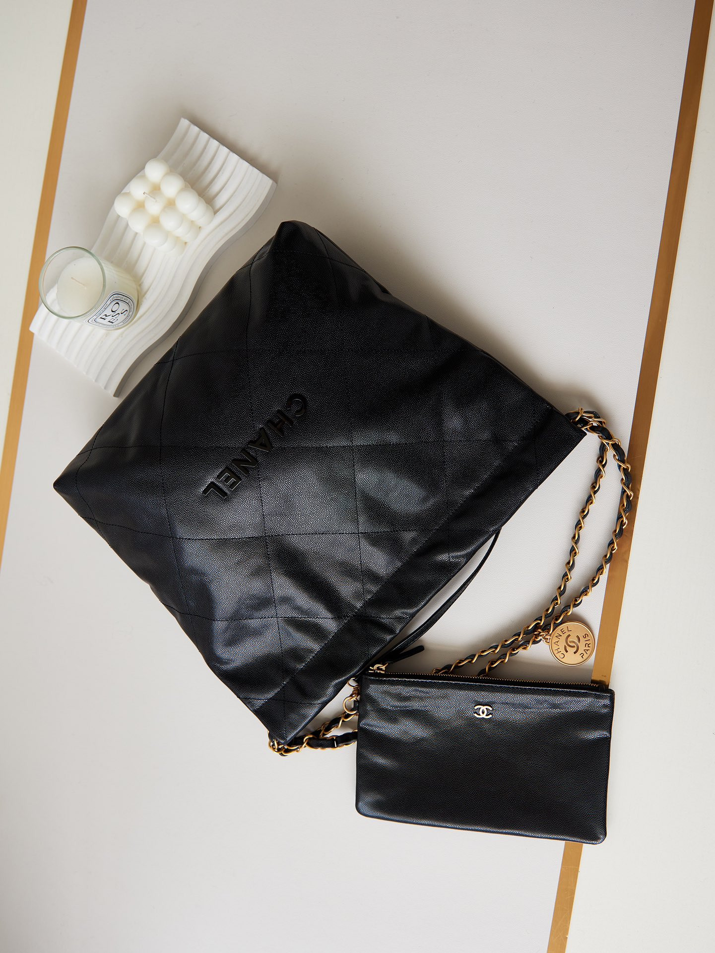 CHANEL 22 SMALL HANDBAG Shiny Calfskin & GOLD Metal BLACK 13.7×14.4×2.7 in