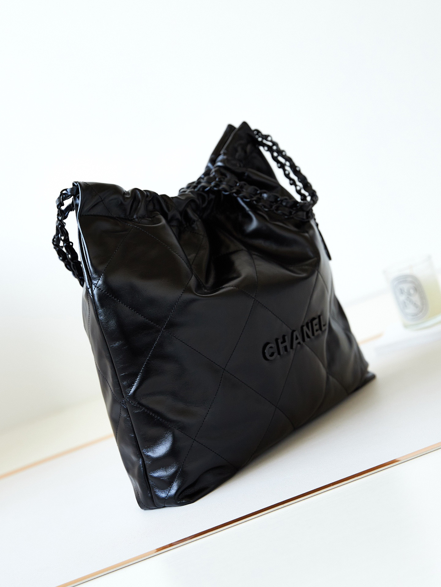 CHANEL 22 HANDBAG Shiny Calfskin ALL Black 15.2×16.4×3.1 in