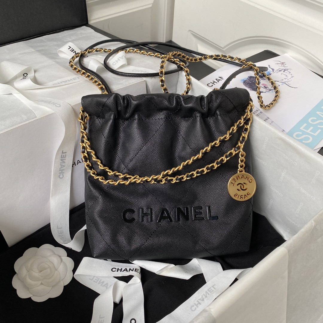 CHANEL 22 MINI HANDBAG GRAINED LEATHER BLACK 7.8 × 7.4 × 2.3 in