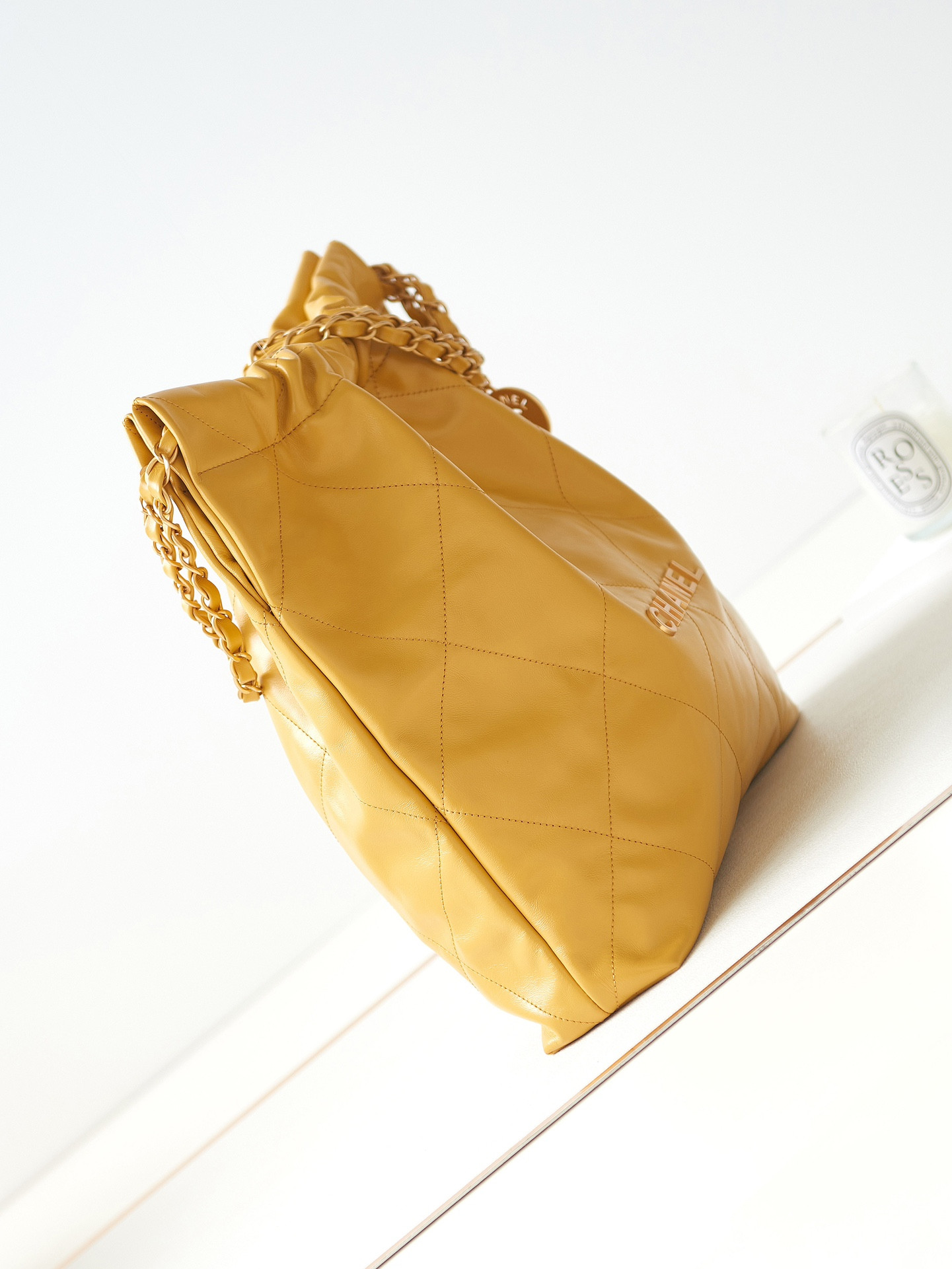 CHANEL 22 SMALL HANDBAG Shiny Calfskin YELLOW 15.2×16.4×3.1 in