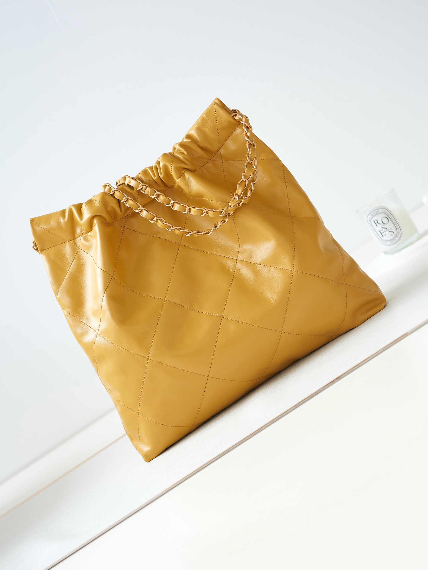 CHANEL 22 SMALL HANDBAG Shiny Calfskin YELLOW 15.2×16.4×3.1 in