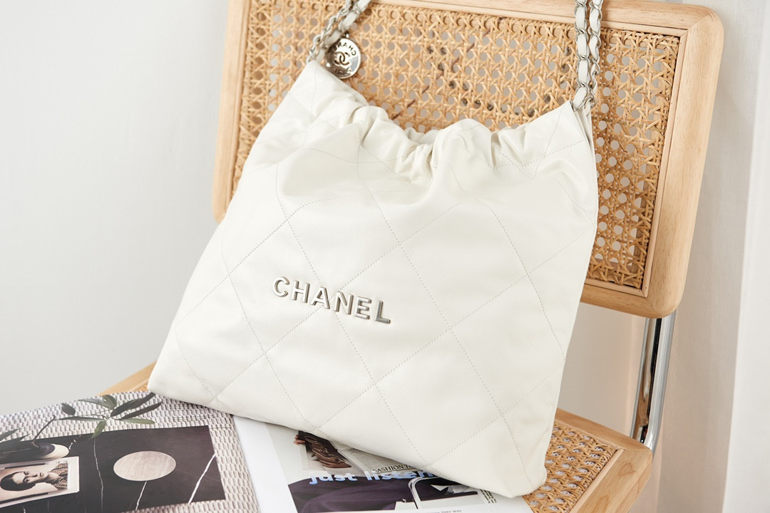 CHANEL 22 HANDBAG Metallic Shaded Calfskin & Silver-Tone Metal White 15.2×16.4×3.1 in
