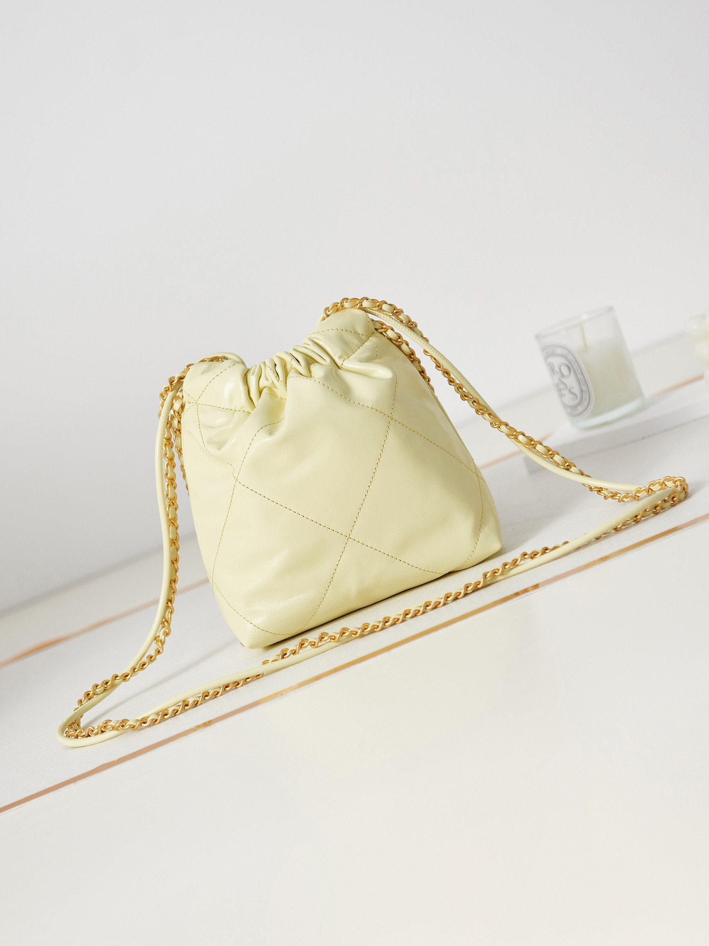 CHANEL 22 MINI HANDBAG Shiny Calfskin Yellow 7.8 × 7.4 × 2.3 in