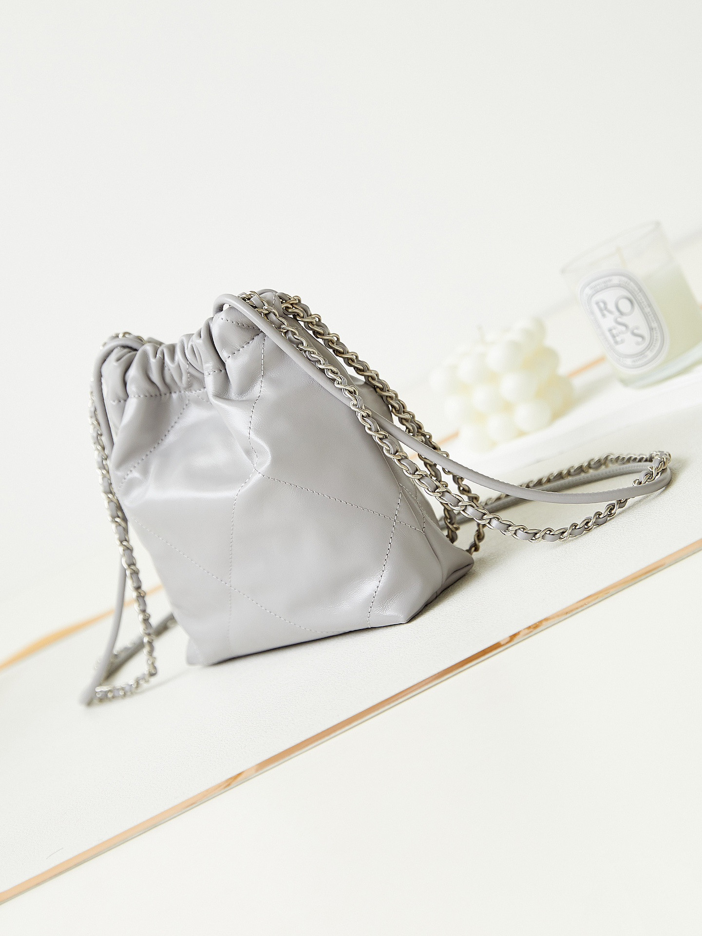 CHANEL 22 MINI HANDBAG Shiny Calfskin GREY 7.8 × 7.4 × 2.3 in