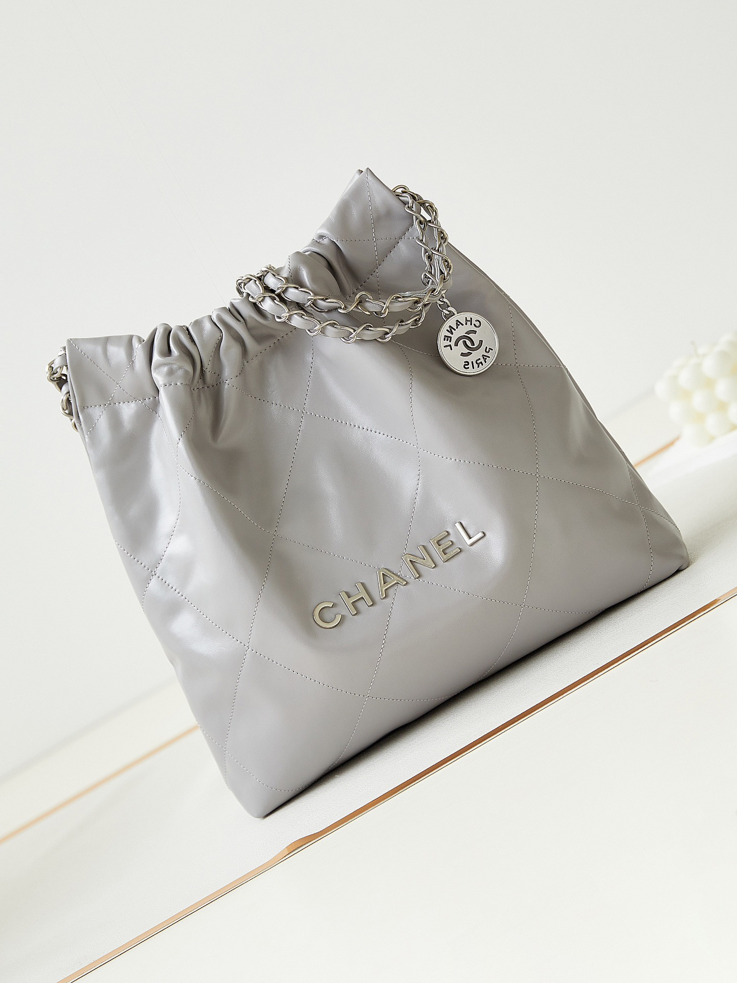 CHANEL 22 SMALL HANDBAG Shiny Calfskin GREY 13.7×14.4×2.7 in