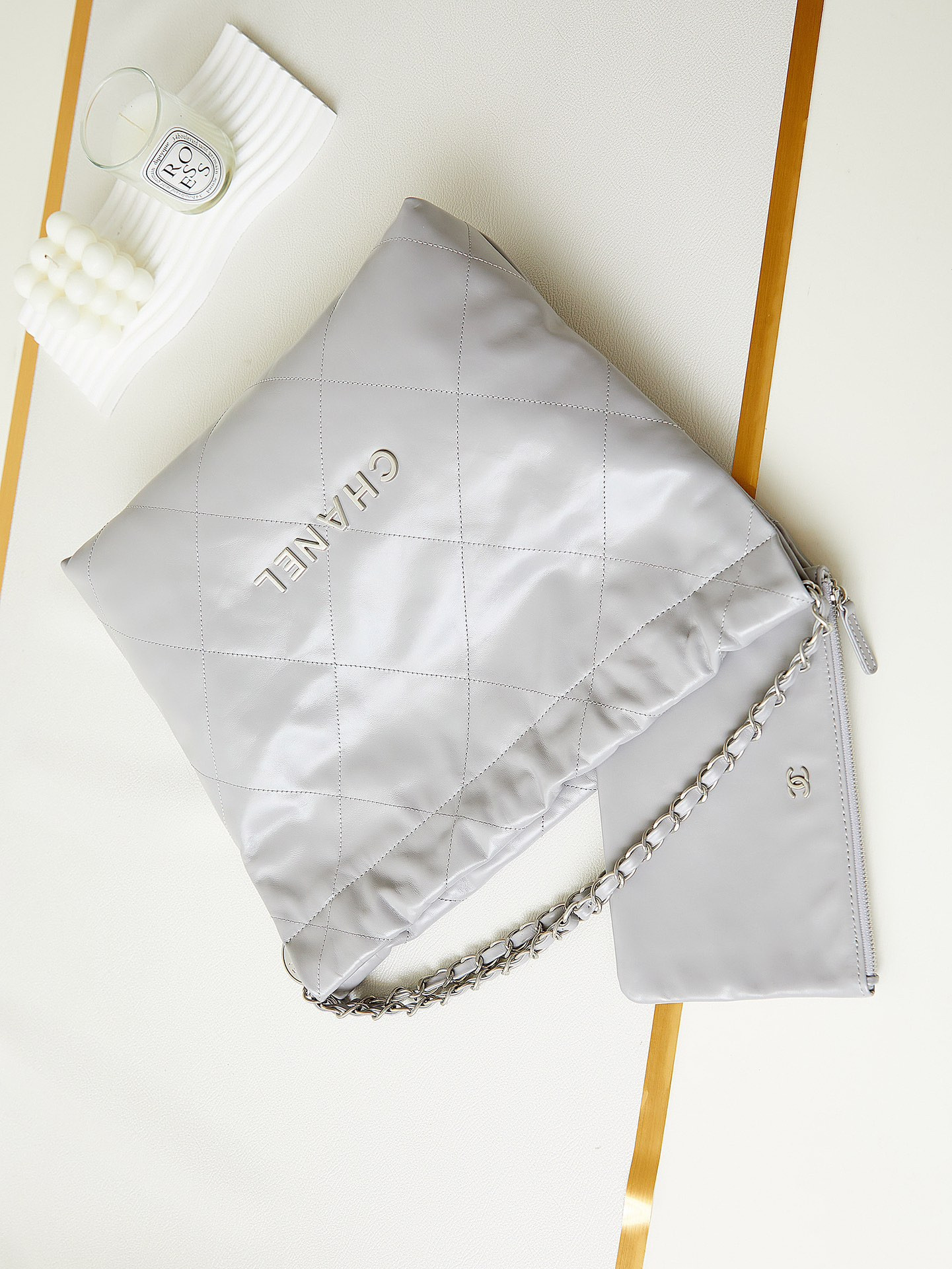 CHANEL 22 SMALL HANDBAG Shiny Calfskin GREY 13.7×14.4×2.7 in