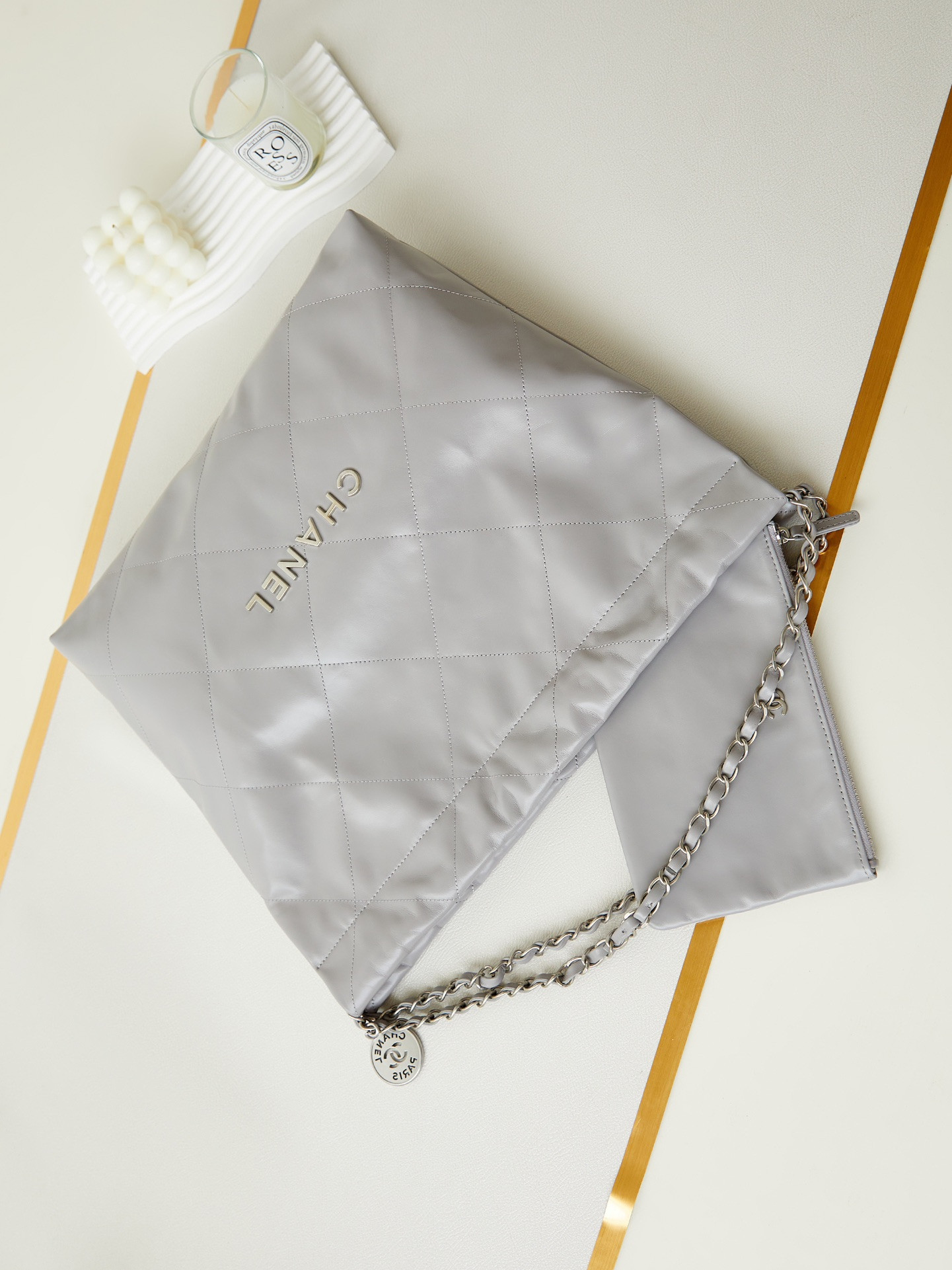 CHANEL 22 SMALL HANDBAG Shiny Calfskin grey 15.2×16.4×3.1 in