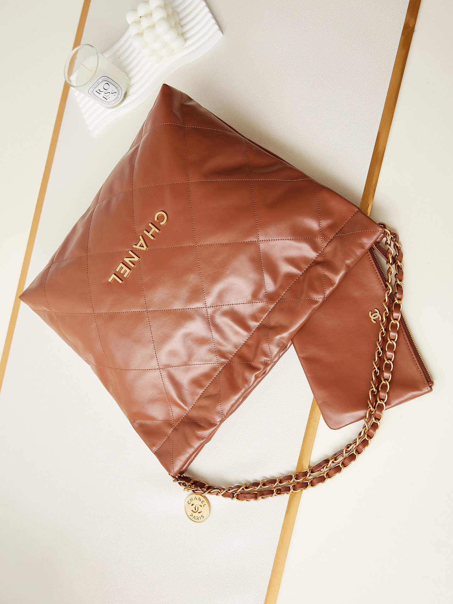 CHANEL 22 SMALL HANDBAG Shiny Calfskin BROWN 13.7×14.4×2.7 in