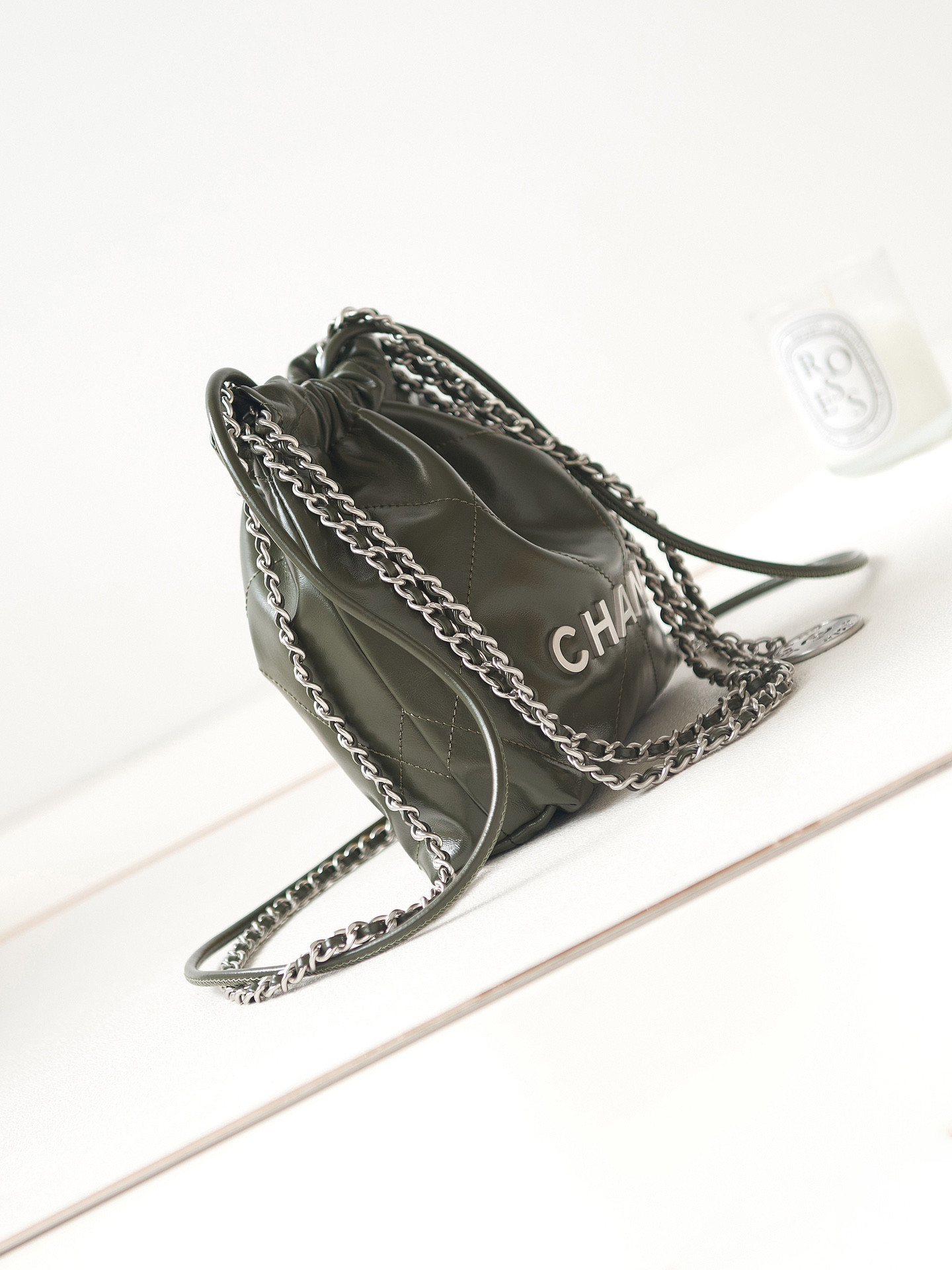 CHANEL 22 MINI HANDBAG Shiny Calfskin & Silver-Tone Metal black 7.8 × 7.4 × 2.3 in