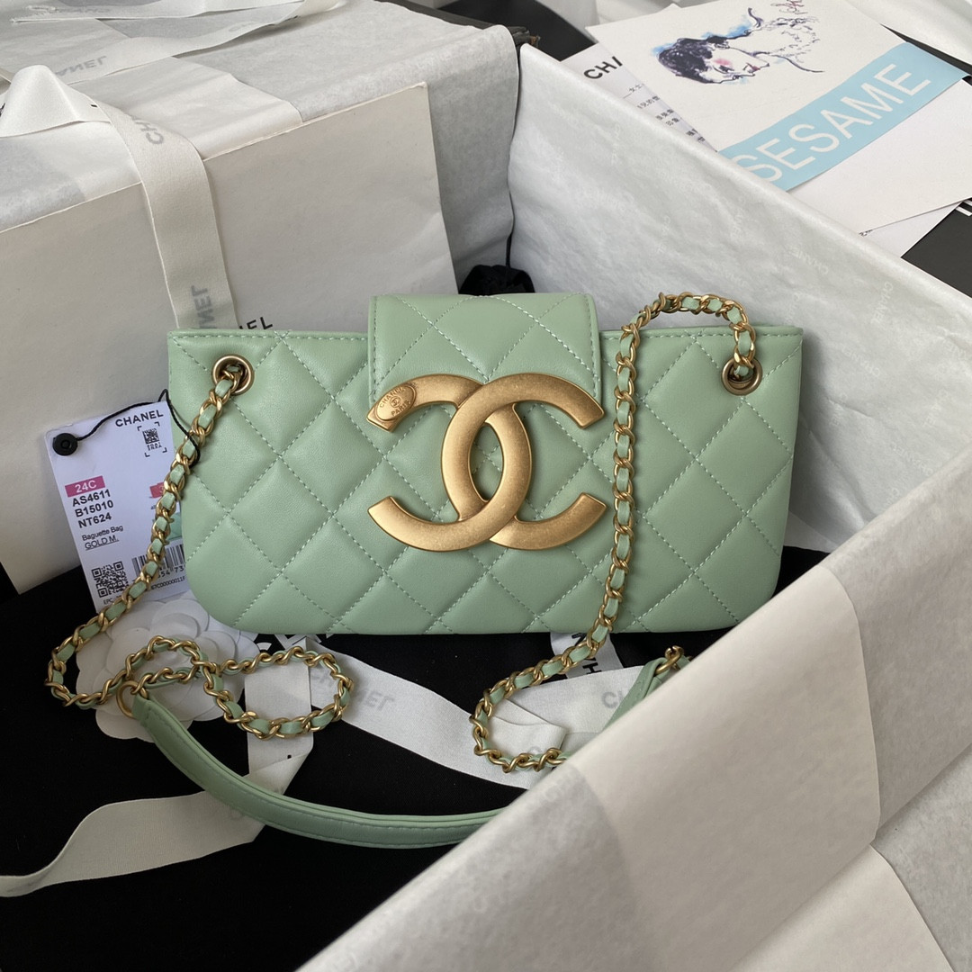 CHANEL BAGUETTE BAG LIGHT GREEN 4.5 × 9.4 × 1.8 in