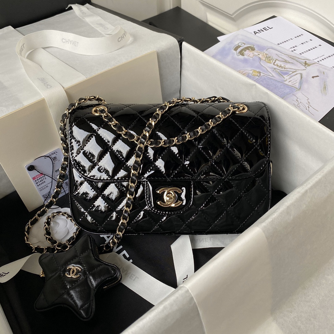CHANEL FLAP BAG & STAR COIN PURSE BLACK 15.5×24×7.5cm