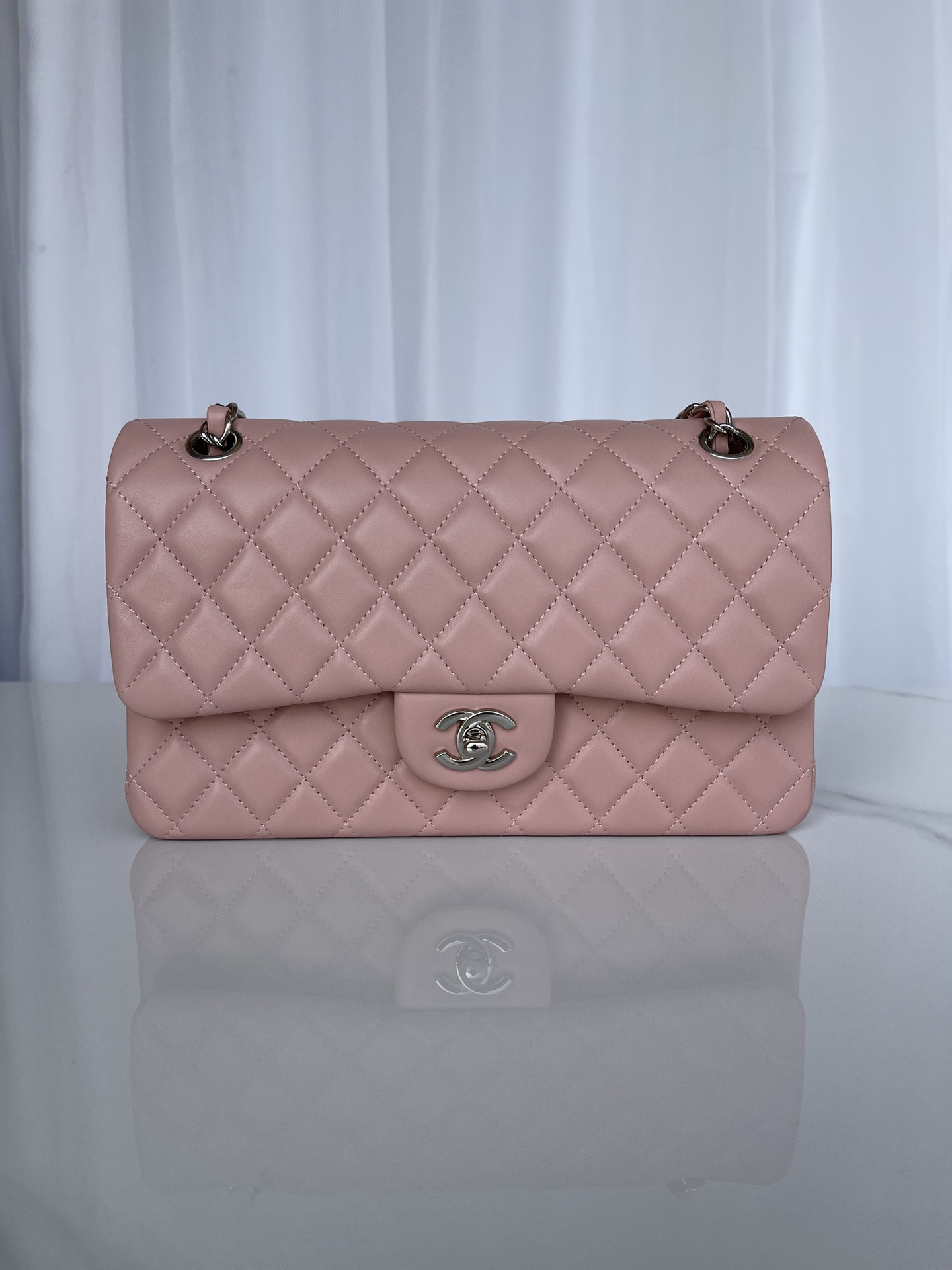 CHANEL CLASSIC FLAP 25CM CF PINK SILVER 6 × 9.9 × 2.5 in