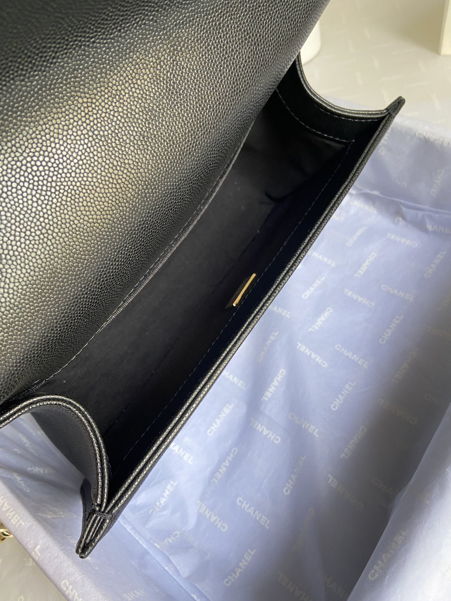 BOY CHANEL HANDBAG Shiny Grained Calfskin & Gold-Tone Metal Black 5.9 × 9.8 × 3.5 in