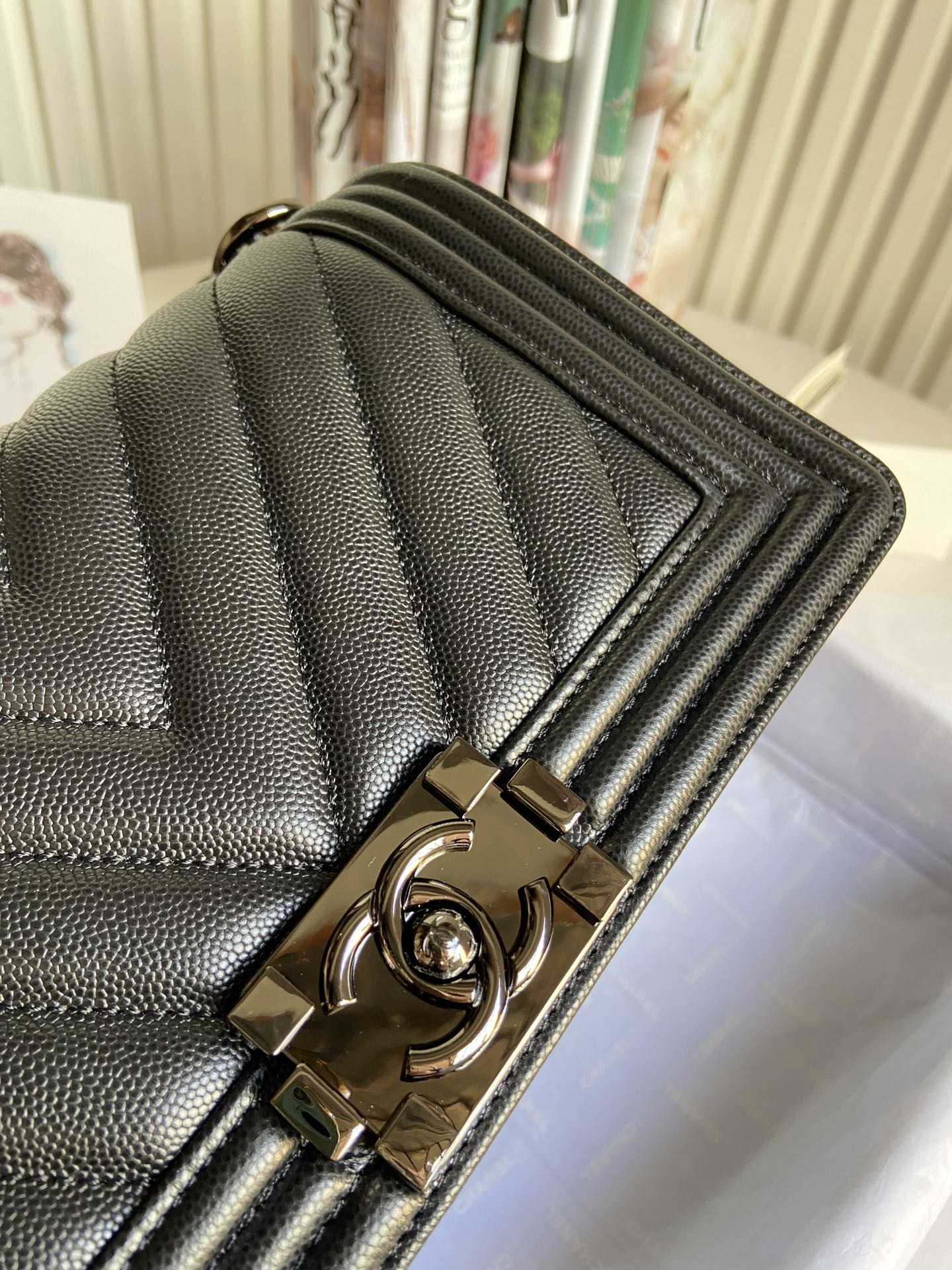 BOY CHANEL HANDBAG Shiny Grained Calfskin Black 5.9 × 9.8 × 3.5 in