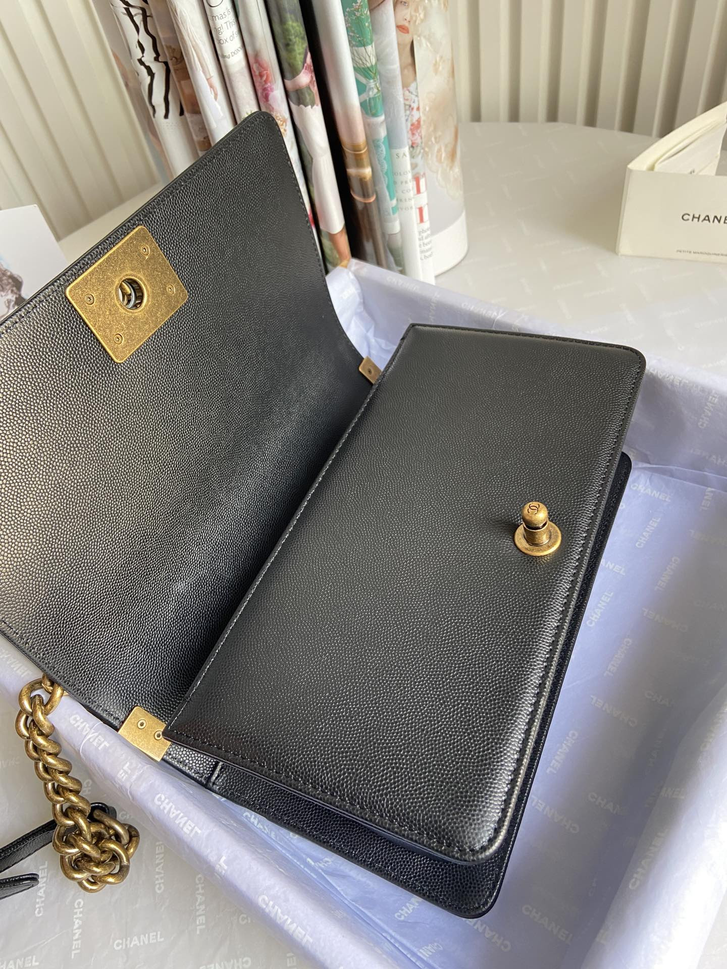 BOY CHANEL HANDBAG Shiny Grained Calfskin Black 5.9 × 9.8 × 3.5 in