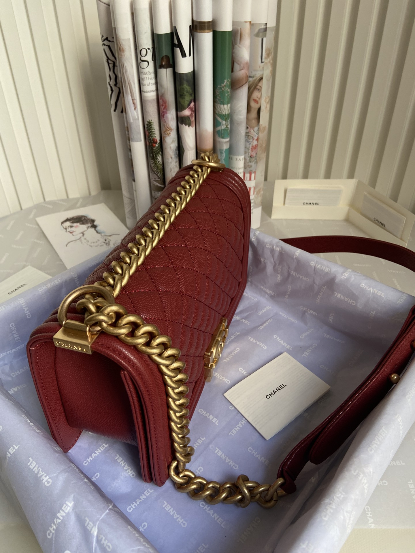 BOY CHANEL HANDBAG Shiny Grained Calfskin & Gold-Tone Metal red 5.9 × 9.8 × 3.5 in