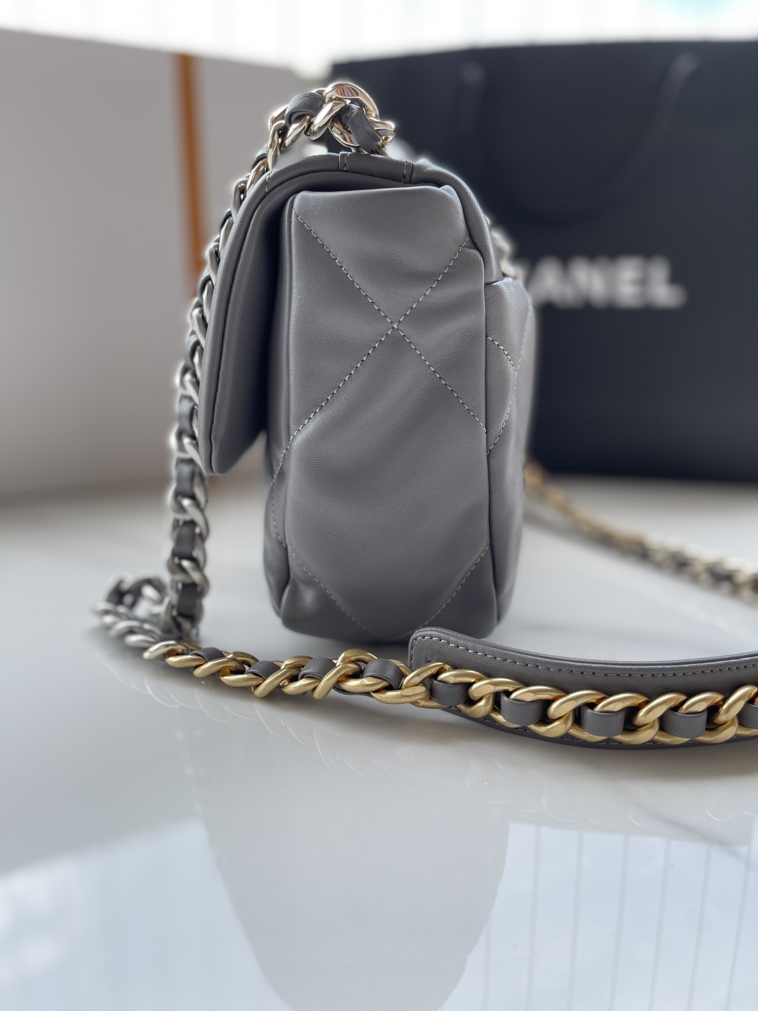 CHANEL 19 HANDBAG Shiny Leather, Gold-Tone, Silver-Tone & Ruthenium-Finish Metal Dark Gray 6.2 × 10.1 × 3.5 in