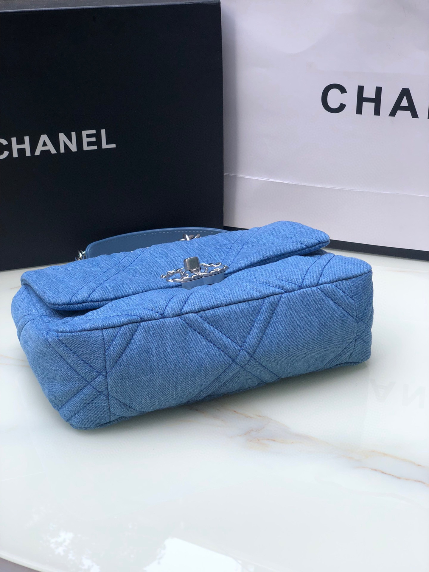 CHANEL 19 HANDBAG, Gold-Tone, Silver-Tone & Ruthenium-Finish Metal Blue 6.2 × 10.1 × 3.5 in