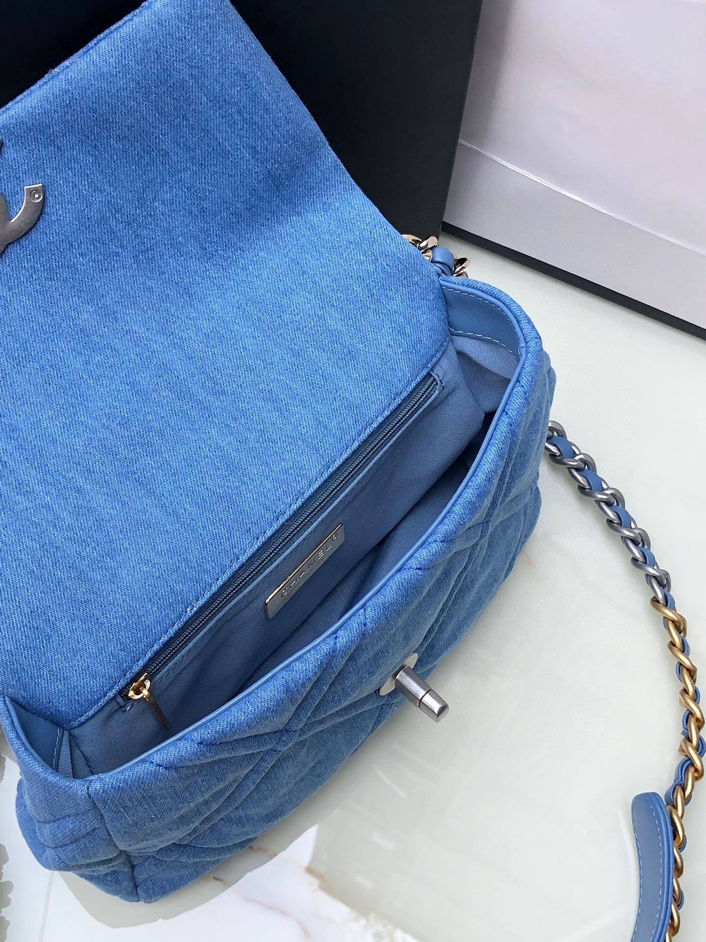 CHANEL 19 HANDBAG, Gold-Tone, Silver-Tone & Ruthenium-Finish Metal Blue 6.2 × 10.1 × 3.5 in