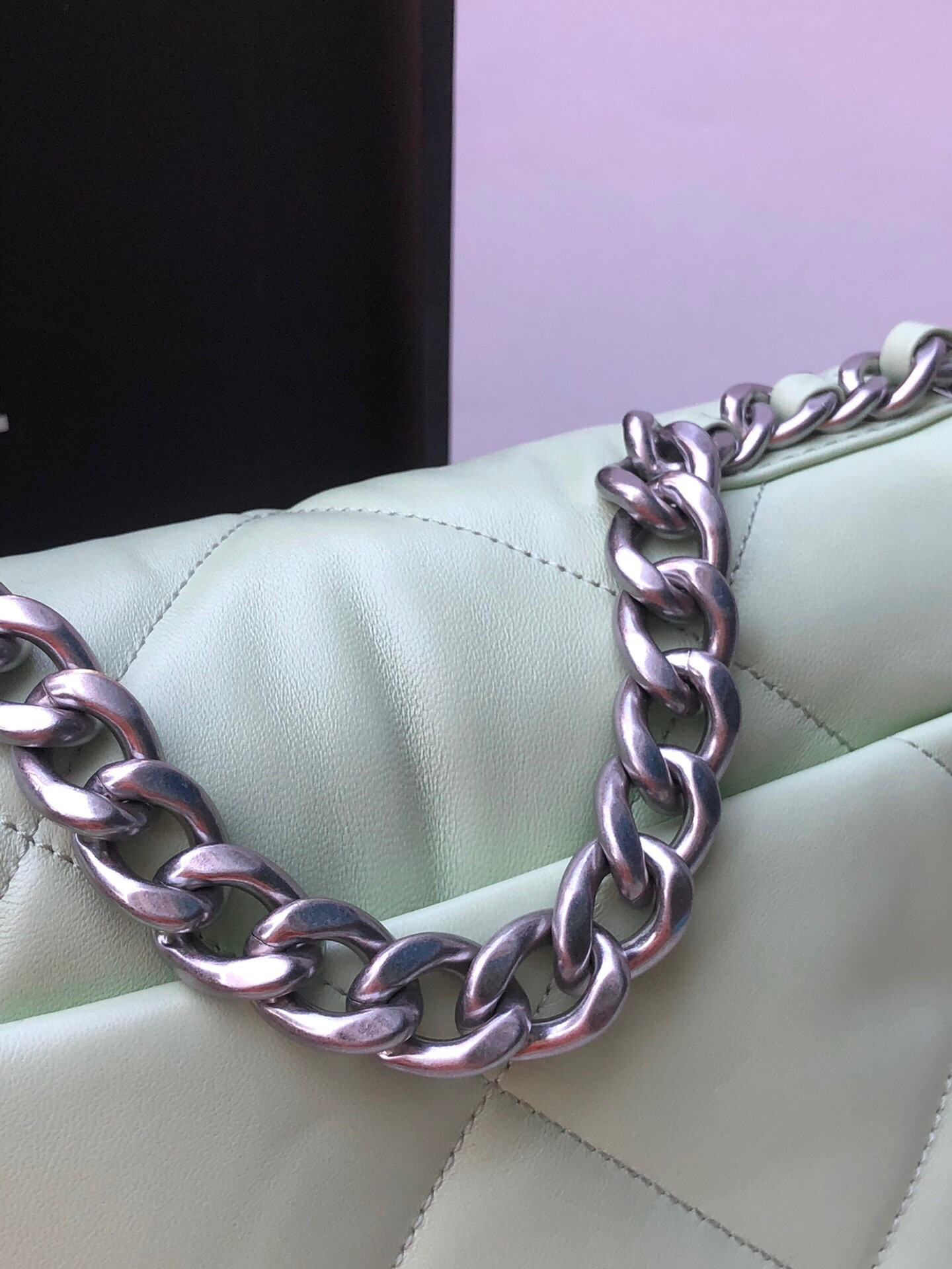 CHANEL 19 HANDBAG Shiny Leather, Gold-Tone, Silver-Tone & Ruthenium-Finish Metal Green 6.2 × 10.1 × 3.5 in