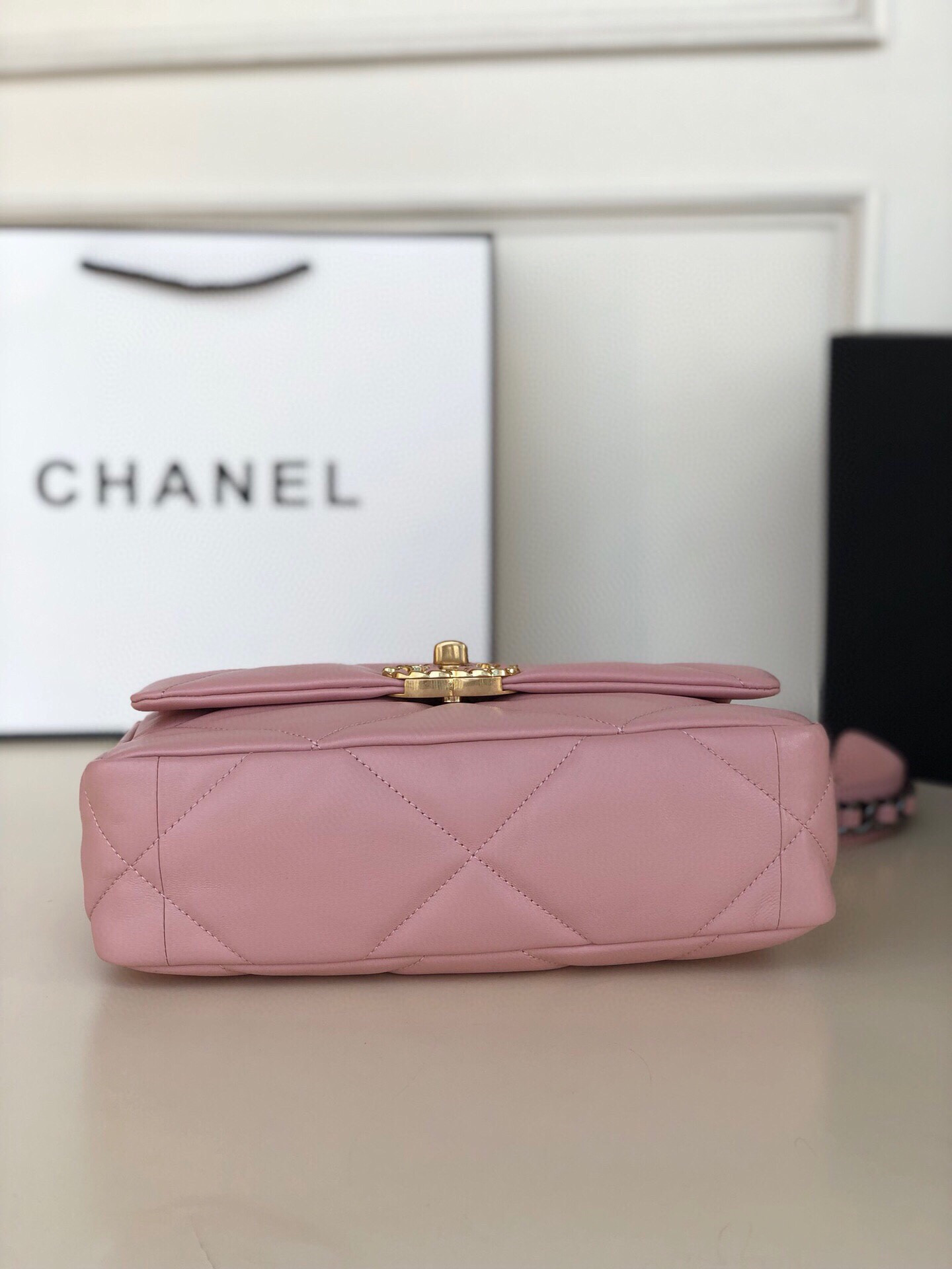 CHANEL 19 HANDBAG Shiny Leather, Gold-Tone, Silver-Tone & Ruthenium-Finish Metal Light Pink 6.2 × 10.1 × 3.5 in