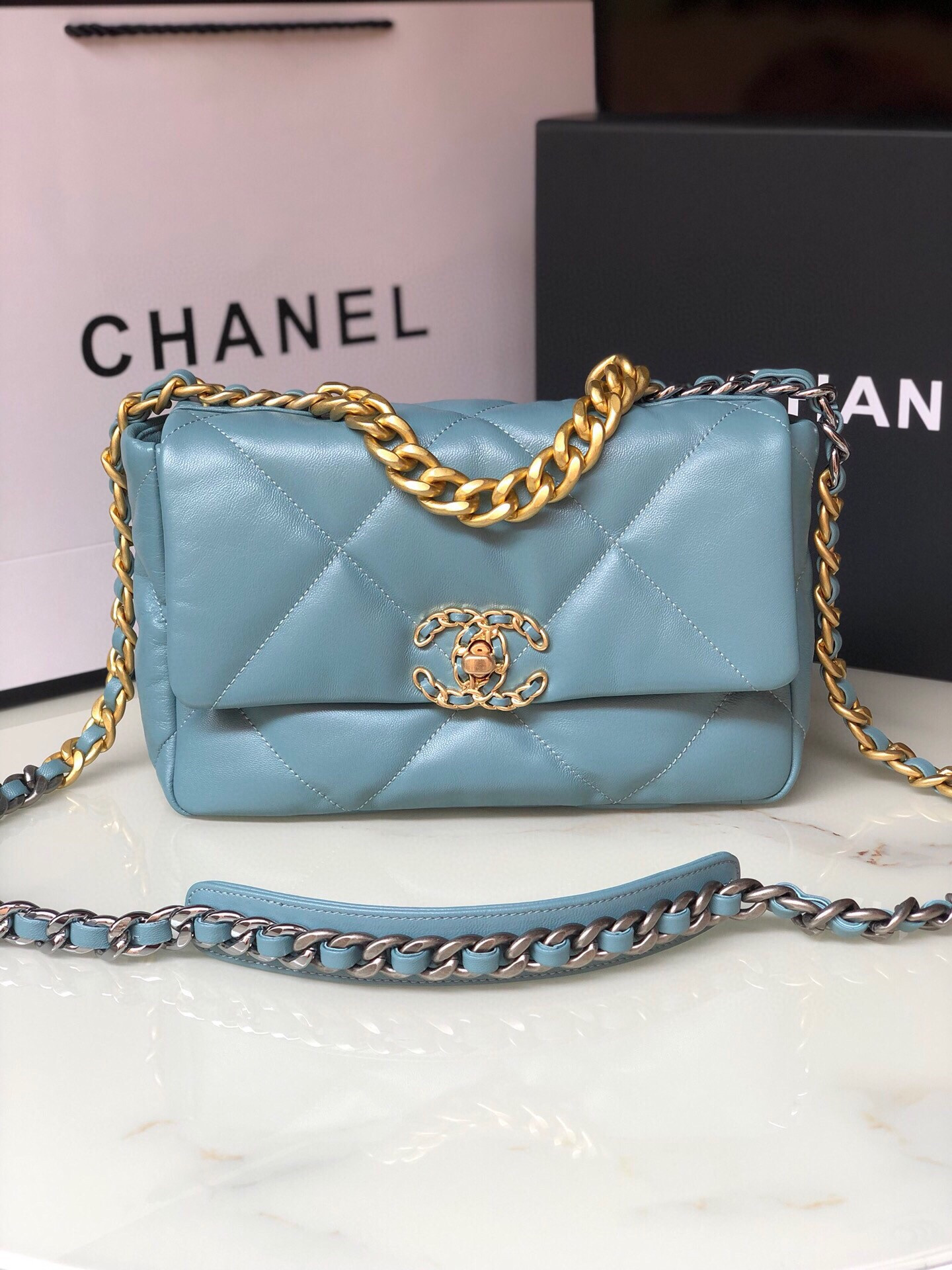 CHANEL 19 HANDBAG Shiny Leather, Gold-Tone, Silver-Tone & Ruthenium-Finish Metal Blue 6.2 × 10.1 × 3.5 in