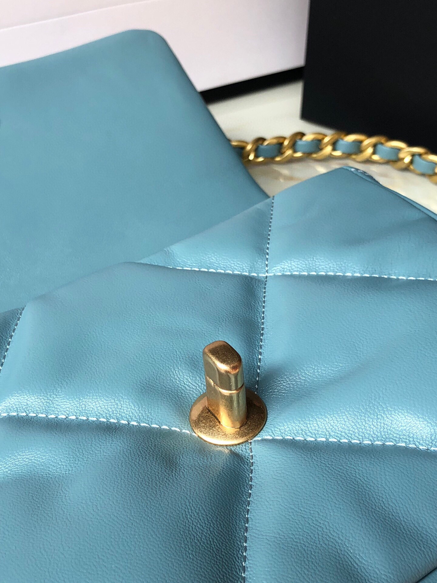 CHANEL 19 HANDBAG Shiny Leather, Gold-Tone, Silver-Tone & Ruthenium-Finish Metal Blue 6.2 × 10.1 × 3.5 in