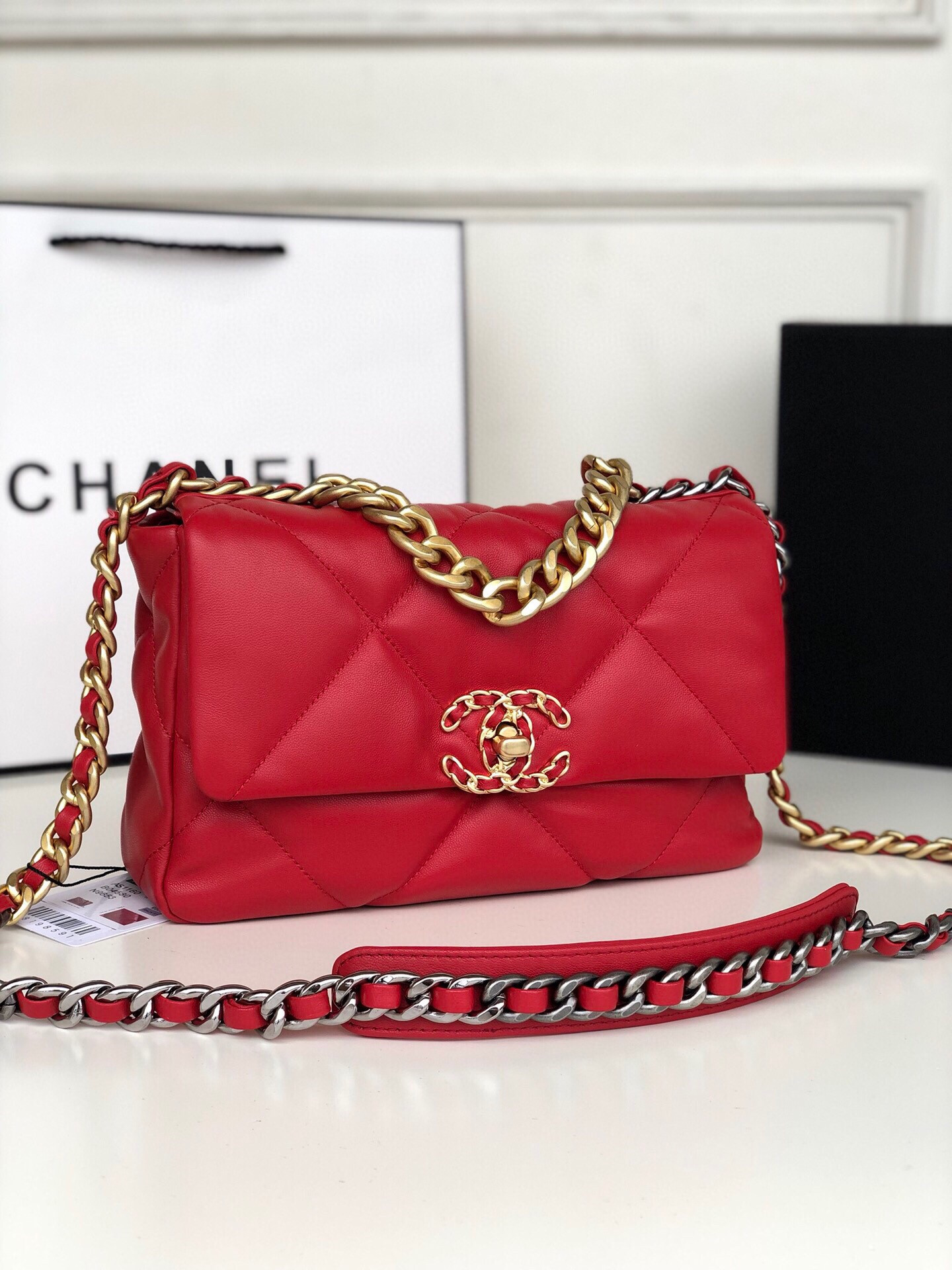CHANEL 19 HANDBAG Shiny Leather, Gold-Tone, Silver-Tone & Ruthenium-Finish Metal Red 6.2 × 10.1 × 3.5 in