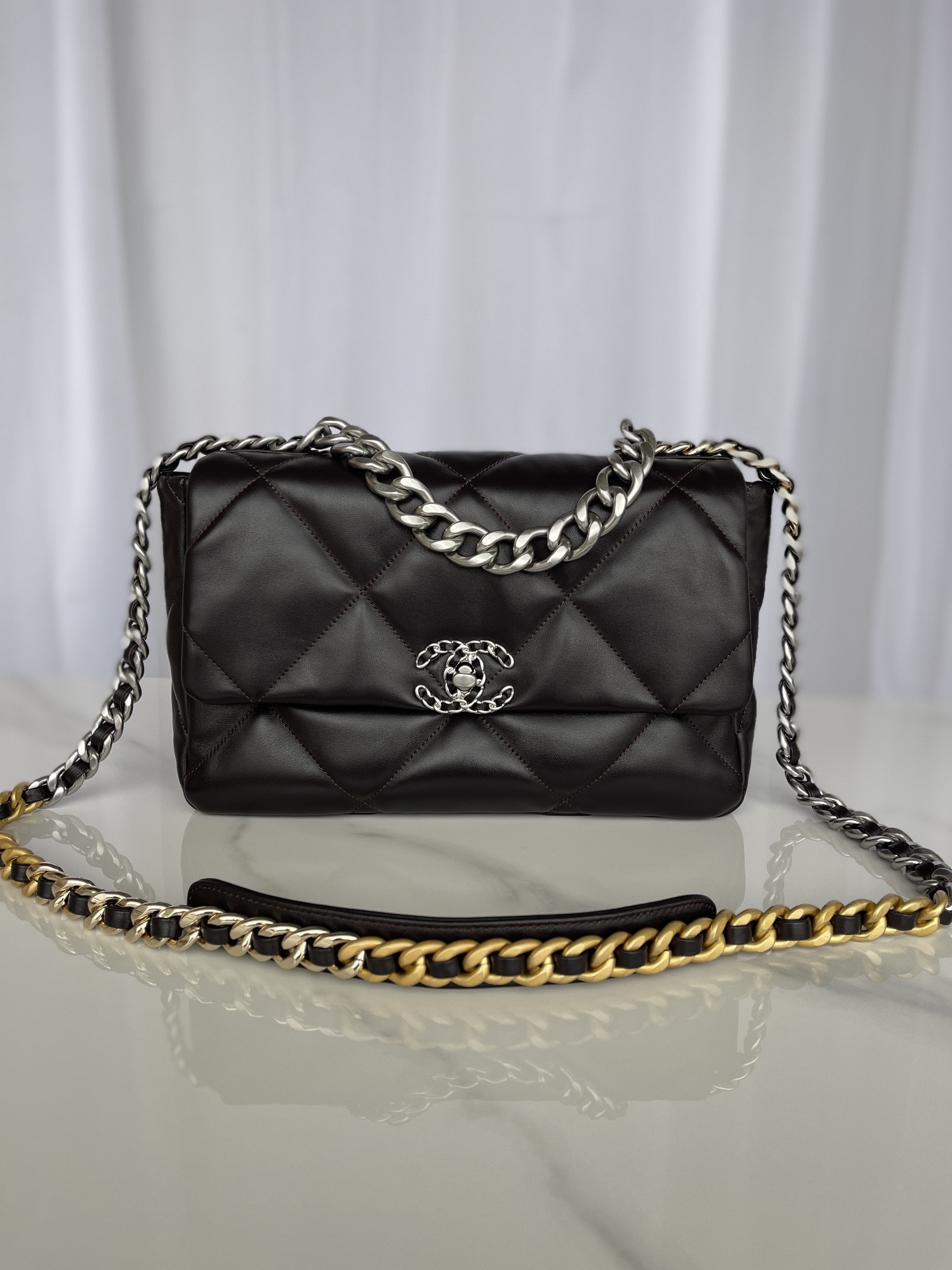 CHANEL 19 LARGE HANDBAG Shiny Leather Black, Gold-Tone, Silver-Tone & Ruthenium-Finish Metal 7.8 × 11.7 × 3.9 in
