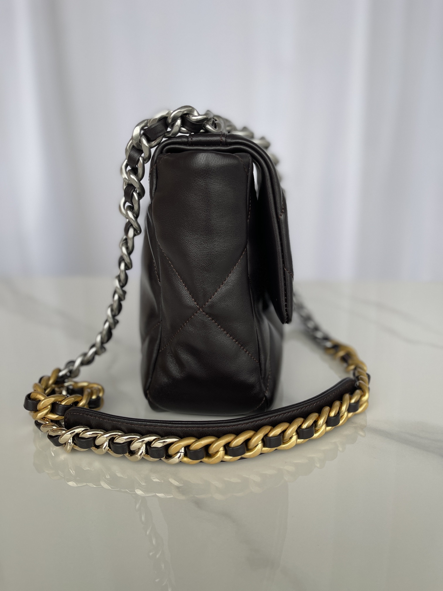 CHANEL 19 LARGE HANDBAG Shiny Leather Black, Gold-Tone, Silver-Tone & Ruthenium-Finish Metal 7.8 × 11.7 × 3.9 in