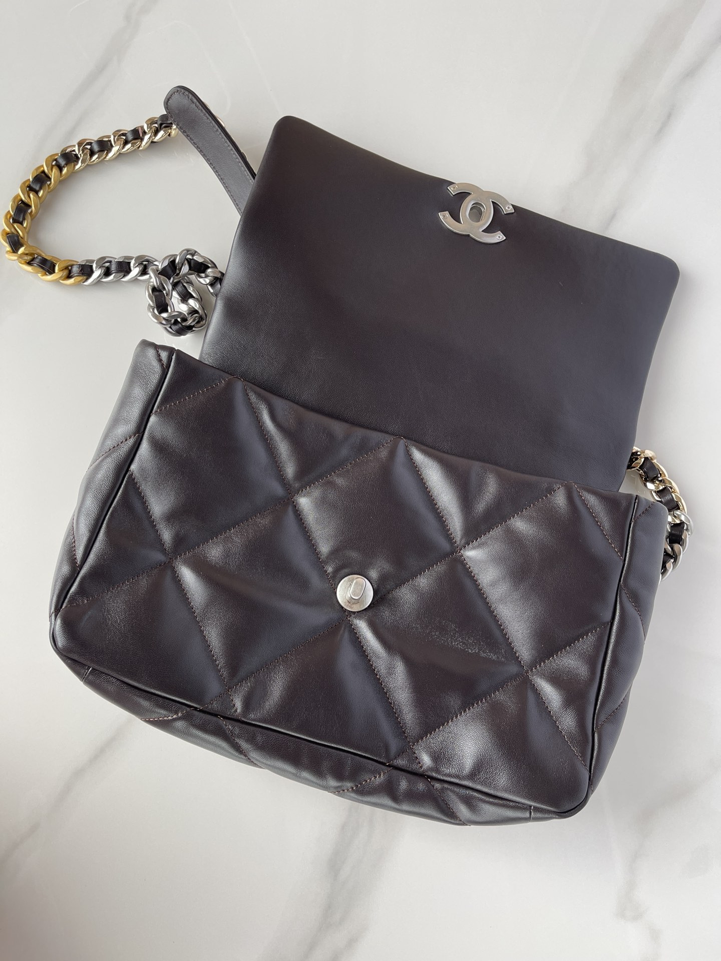 CHANEL 19 LARGE HANDBAG Shiny Leather Black, Gold-Tone, Silver-Tone & Ruthenium-Finish Metal 7.8 × 11.7 × 3.9 in