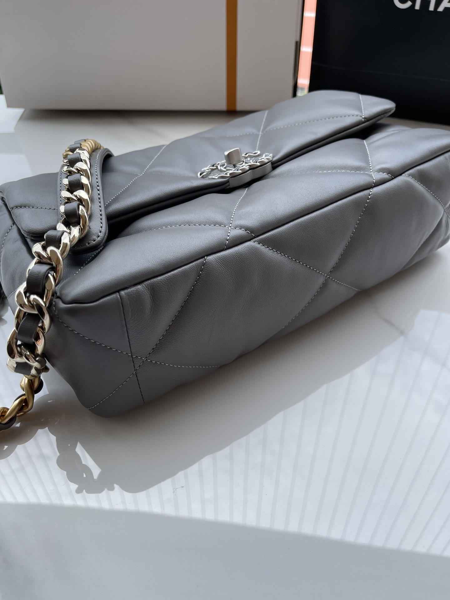 CHANEL 19 LARGE HANDBAG Shiny Leather, Gold-Tone, Silver-Tone & Ruthenium-Finish Metal Gray 7.8 × 11.7 × 3.9 in