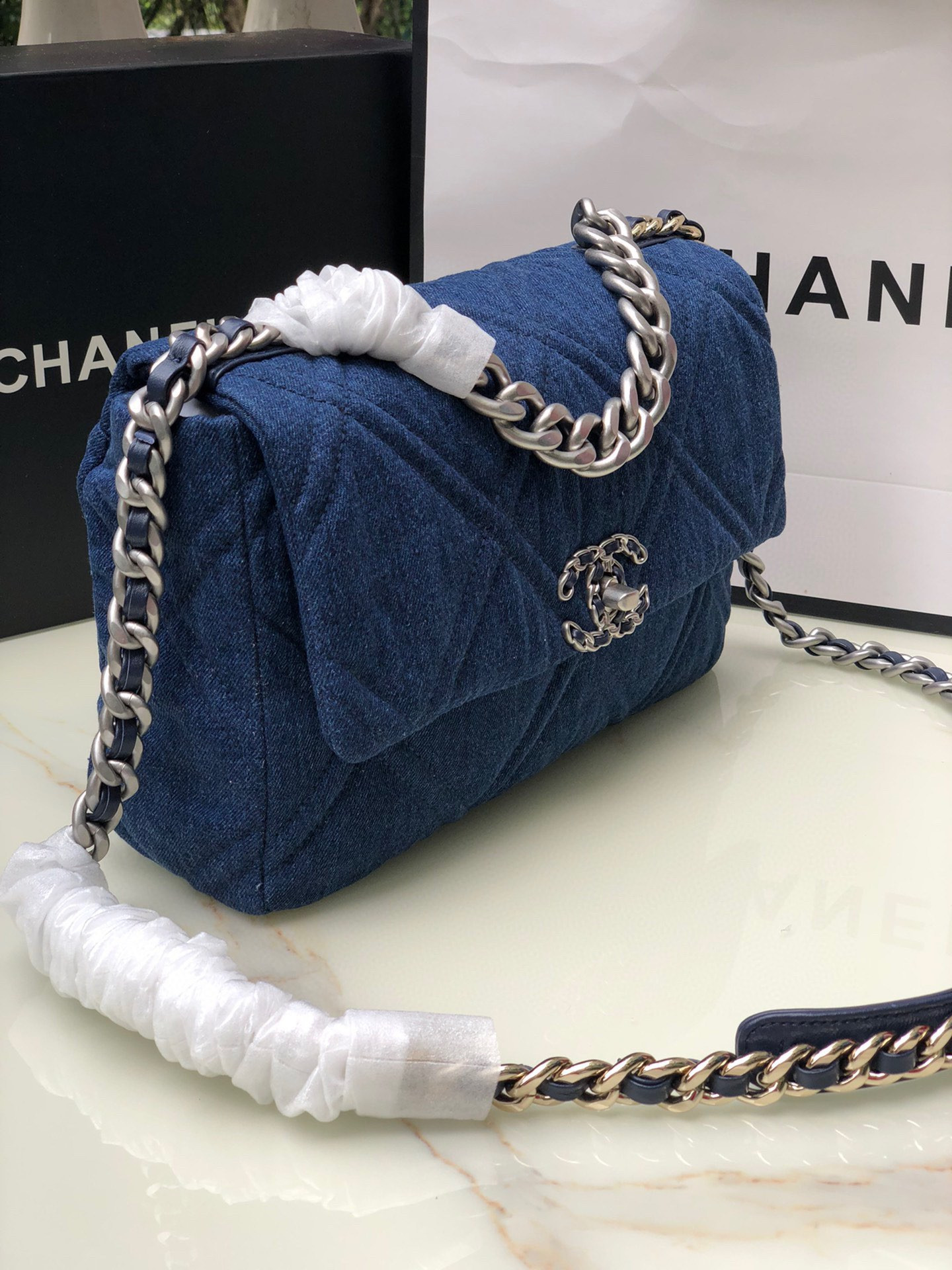 CHANEL 19 LARGE HANDBAG, Gold-Tone, Silver-Tone & Ruthenium-Finish Metal Blue 7.8 × 11.7 × 3.9 in