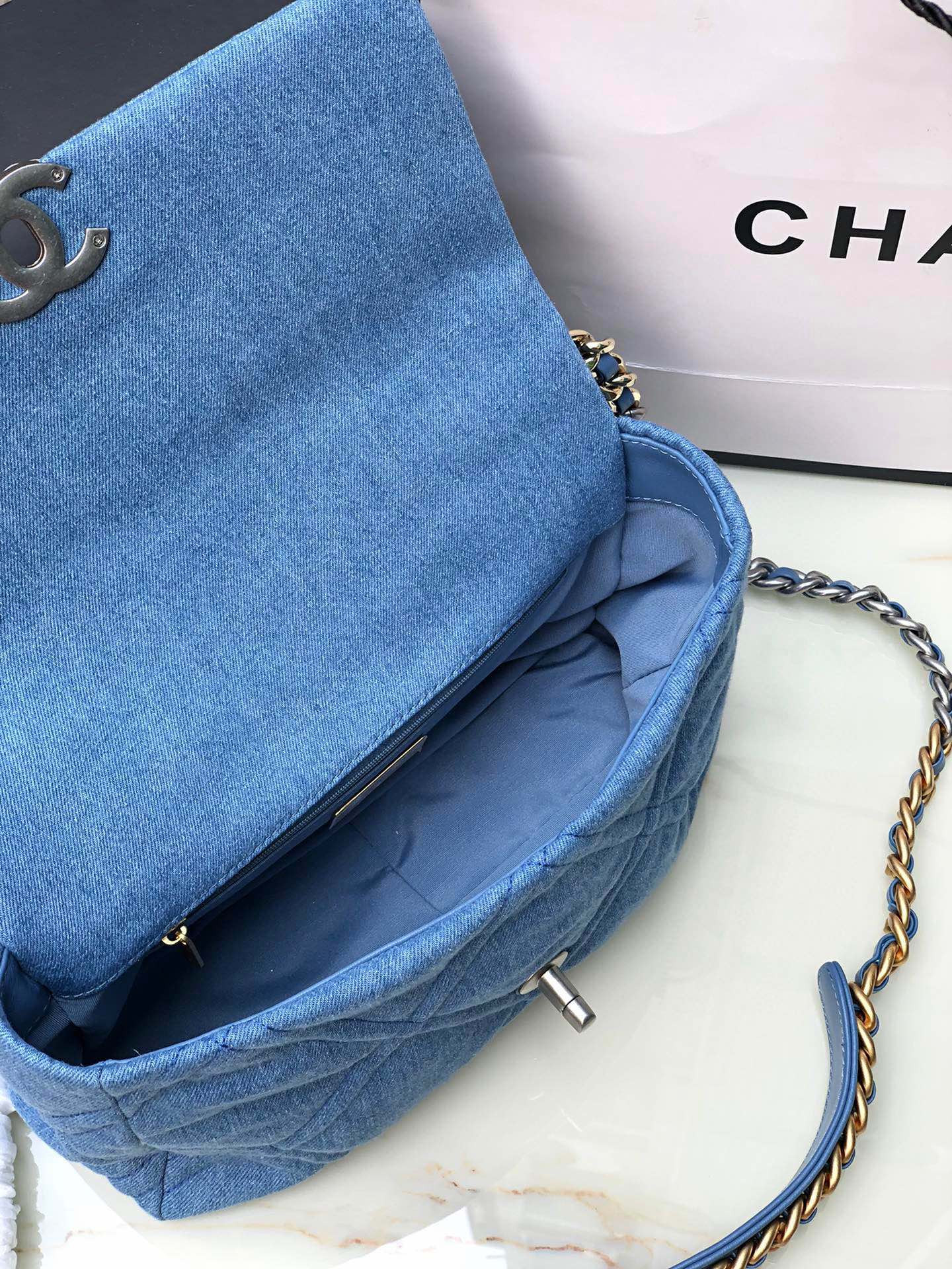 CHANEL 19 LARGE HANDBAG, Gold-Tone, Silver-Tone & Ruthenium-Finish Metal Blue 7.8 × 11.7 × 3.9 in