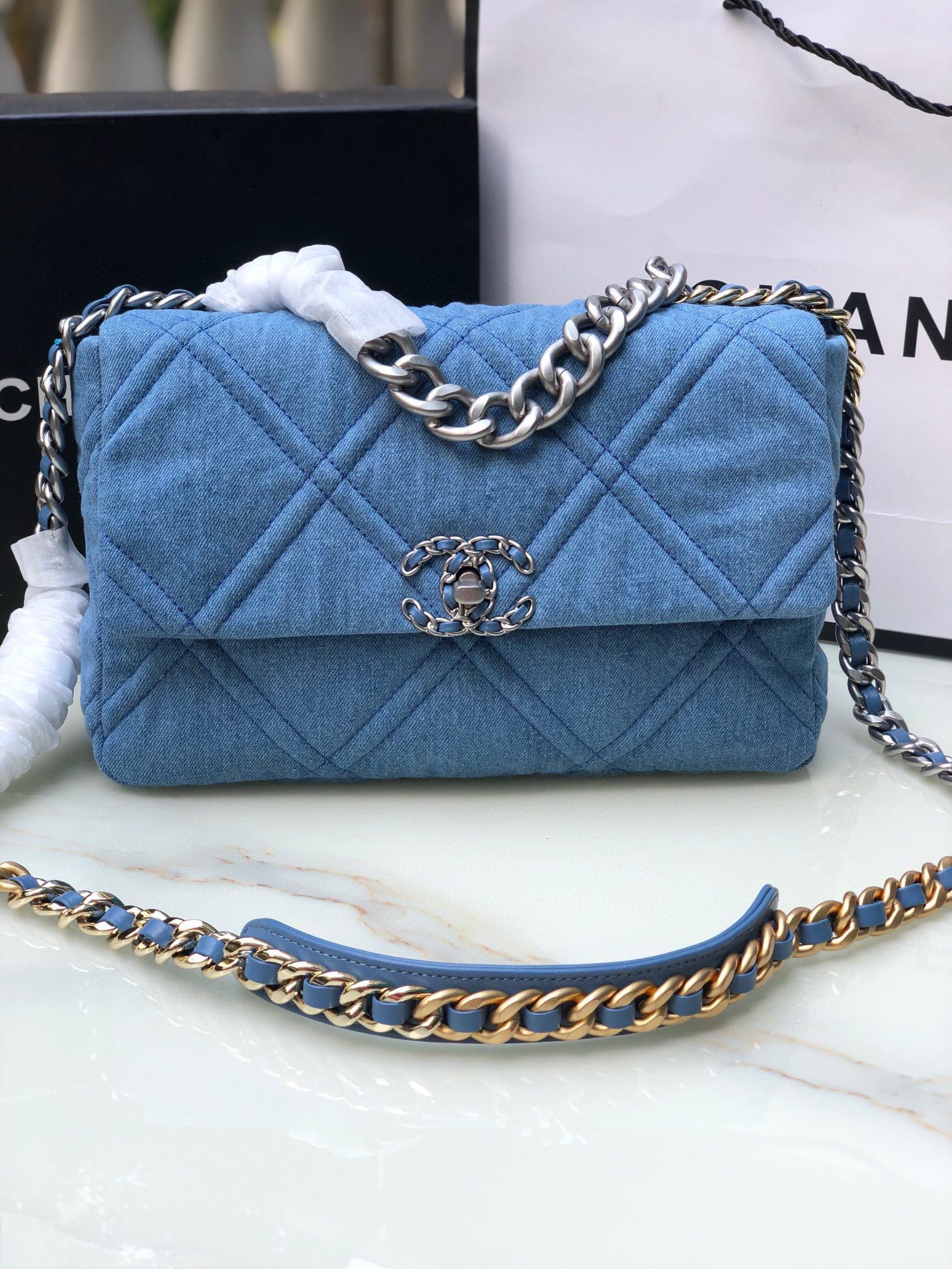 CHANEL 19 LARGE HANDBAG, Gold-Tone, Silver-Tone & Ruthenium-Finish Metal Blue 7.8 × 11.7 × 3.9 in